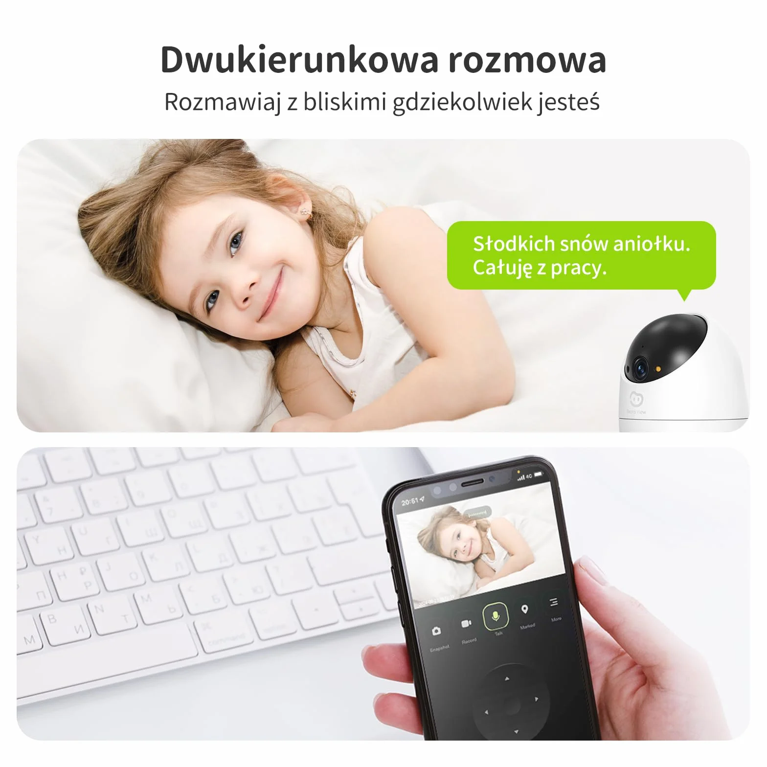 Beans View Kamera Bezpieczeństwa Do Wnętrz D210 1080P, Kolorowy Tryb Nocny, Kamera 2,4 Ghz Wi-Fi Do Monitorowania Zwierząt Domowych/Psów/Kotów, Widok 360° Elektroniczna Niania, Obsługa Kart Pamięci SD