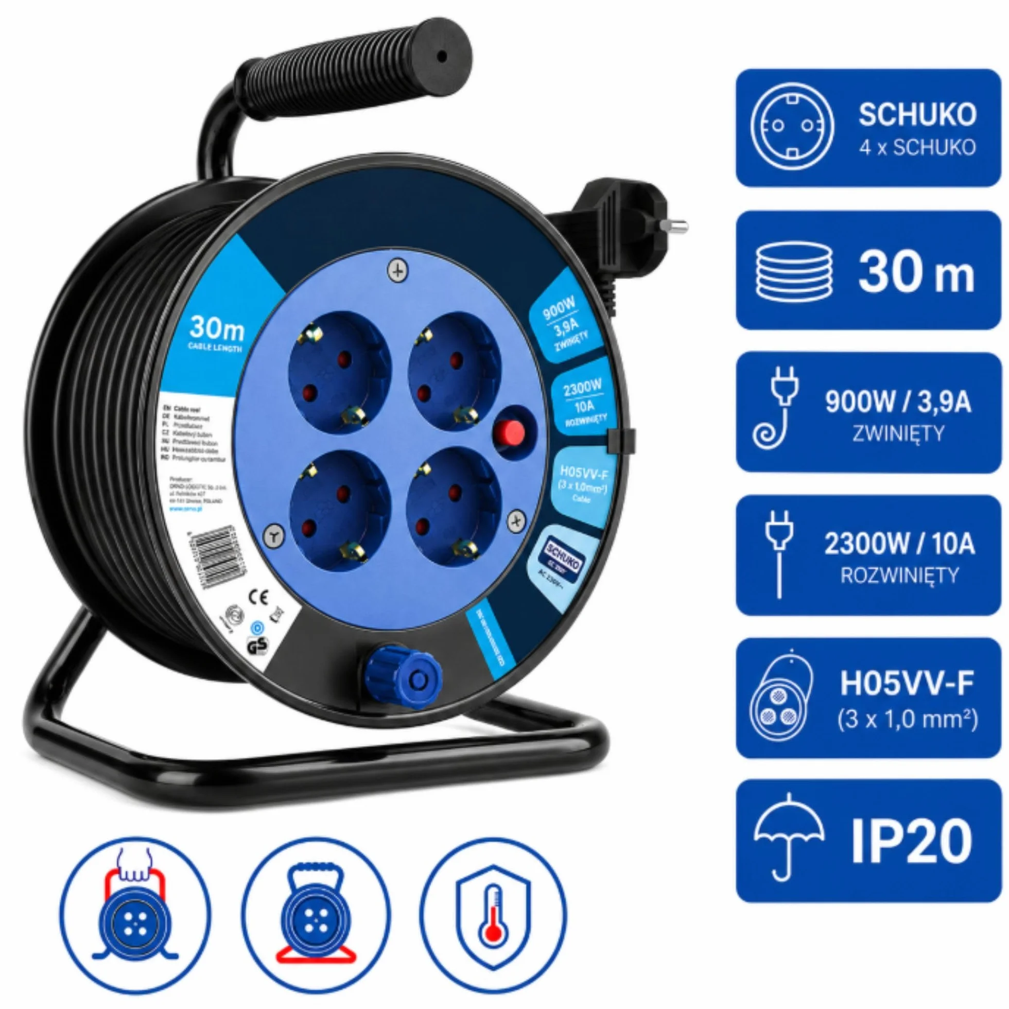 Przedłużacz Bębnowy 4 Gniazda typu Schuko 2P+Z Kabel PVC Długość 30m Wyłącznik Bezpieczeństwa Przesłony Torów Prądowych - Garaż Warsztat Prace Remontowe IP20