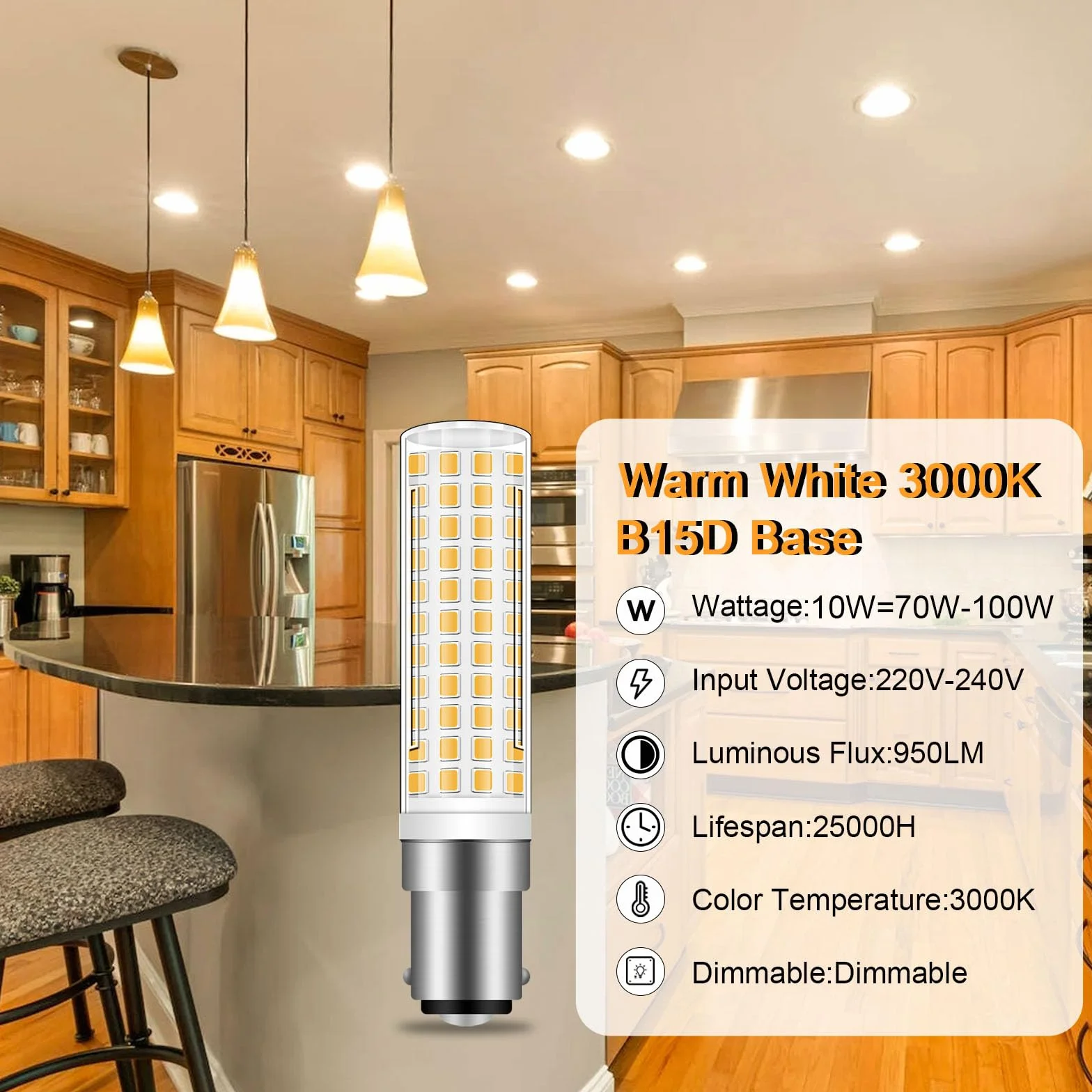 B15D żarówka LED z możliwością ściemniania, 230 V, 10 W, zastępuje żarówkę 70 W-100 W, ciepła biel, 3000 K, 950 lm, podwójny styk, bagnet, super jasne żarówki, 2 sztuki