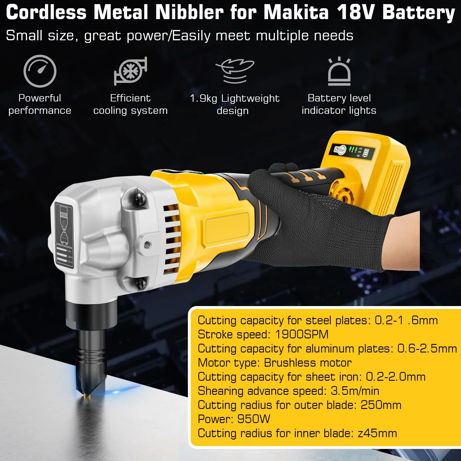 Kubber do blachy, zasilany akumulatorem, kompatybilny z akumulatorem Dewalt 18 V, skrobak akumulatorowy, nasadka do blachy, 1900 SPM, 3,5 m/min, 950 W, 3-stopniowe, bezszczotkowe nożyce do metalu