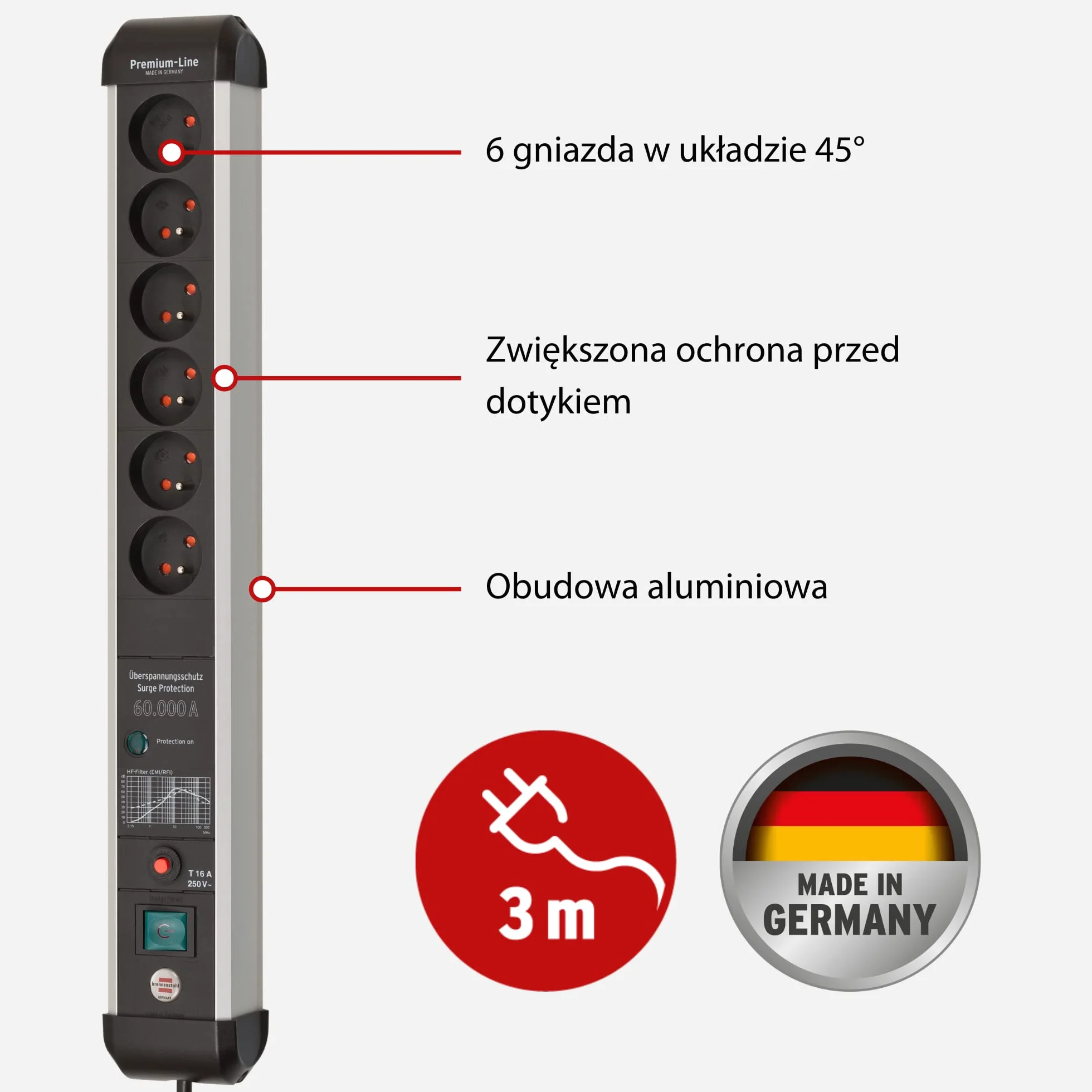 Brennenstuhl Premium-Protect-Line listwa zasilająca 6-gniazda ochrona przepięciowa 60.000 A kabel 3m srebrno-czarna