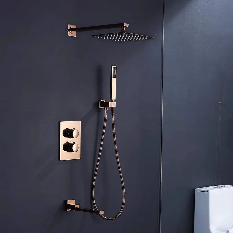 Wbudowana bateria prysznicowa z termostatem, bateria prysznicowa w kolorze różowego złota, system miksera, 20-25 cm, deszcz, bateria umywalkowa, zestaw ciepłej i zimnej wody z Sh
