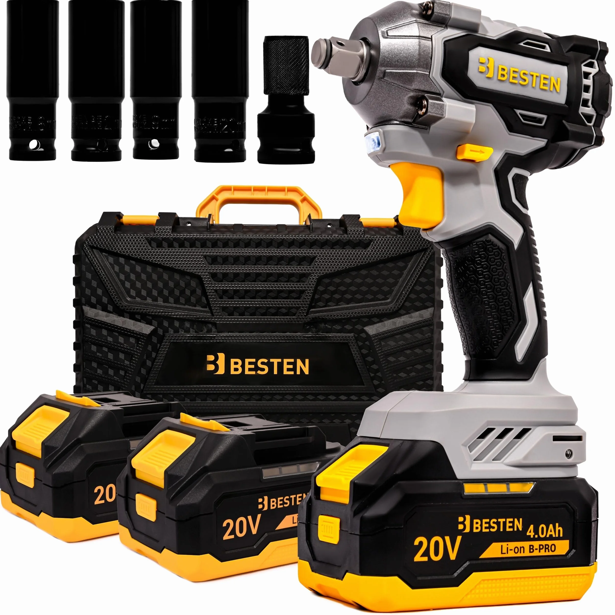 Klucz udarowy akumulatorowy BESTEN 450Nm • 20V BRUSHLESS • 1/2" trzpień • 3 biegi + Smart-Loosening • 2×4.0Ah B-PRO + szybka ładowarka • LED • walizka • BE0002891