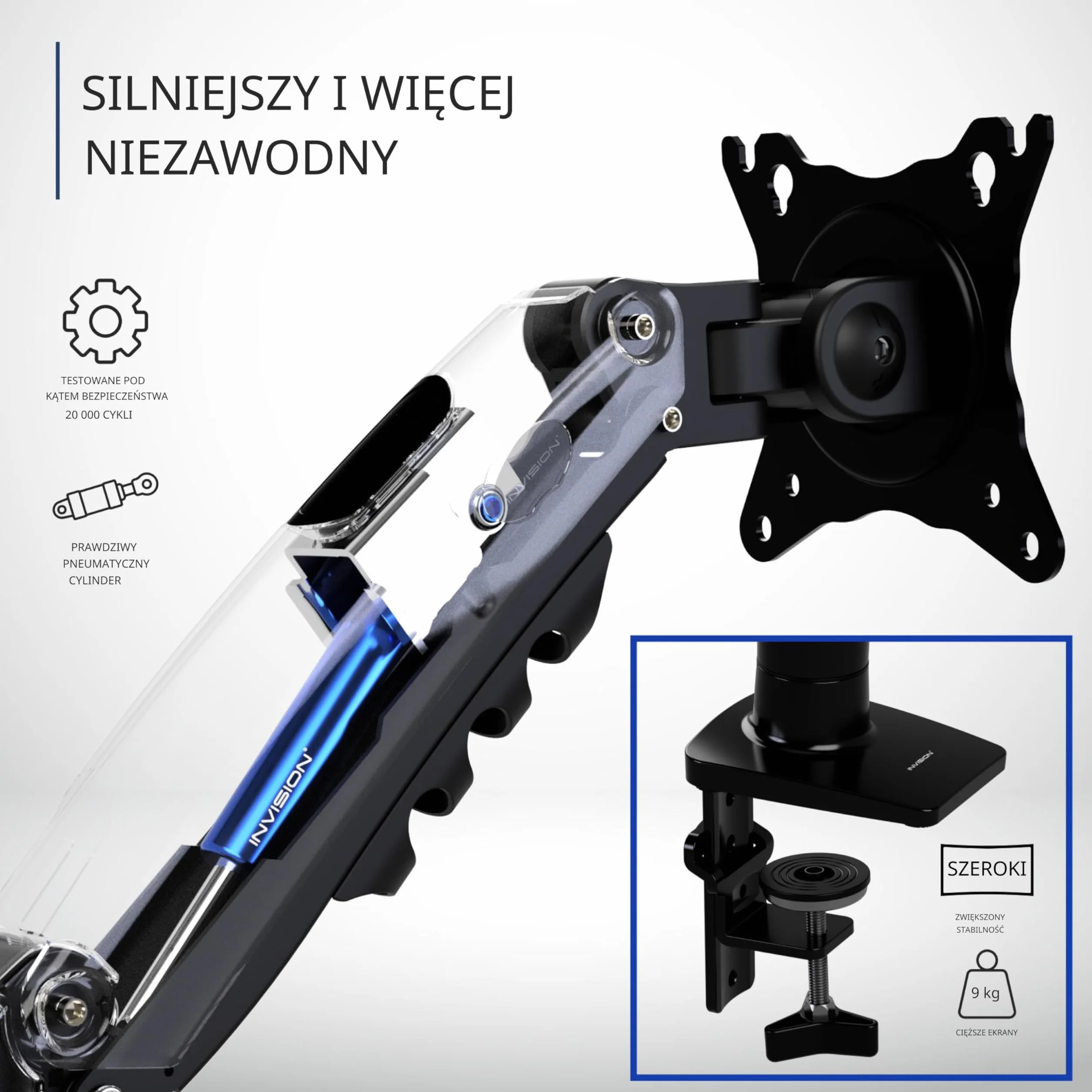 Invision Solidny, obrotowy, uchwyt biurkowy na sprężynie gazowej do monitora LCD, LED od 13 do 32 cali o wadze od 2 kg do 9 kg, Czarny (MX200)