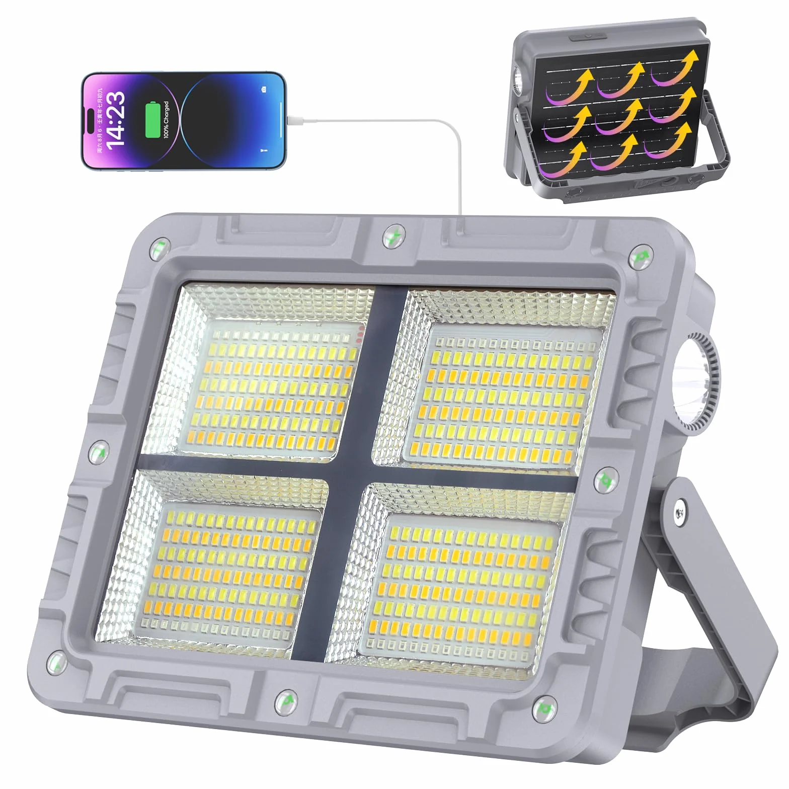 Reflektor budowlany LED 100 W, akumulator 12000 mAh, przenośna lampa robocza LED, 5 trybów pracy solarnej, lampa kempingowa LED do ponownego ładowania przez USB, do użytku na zewnątrz, do ogrodu,