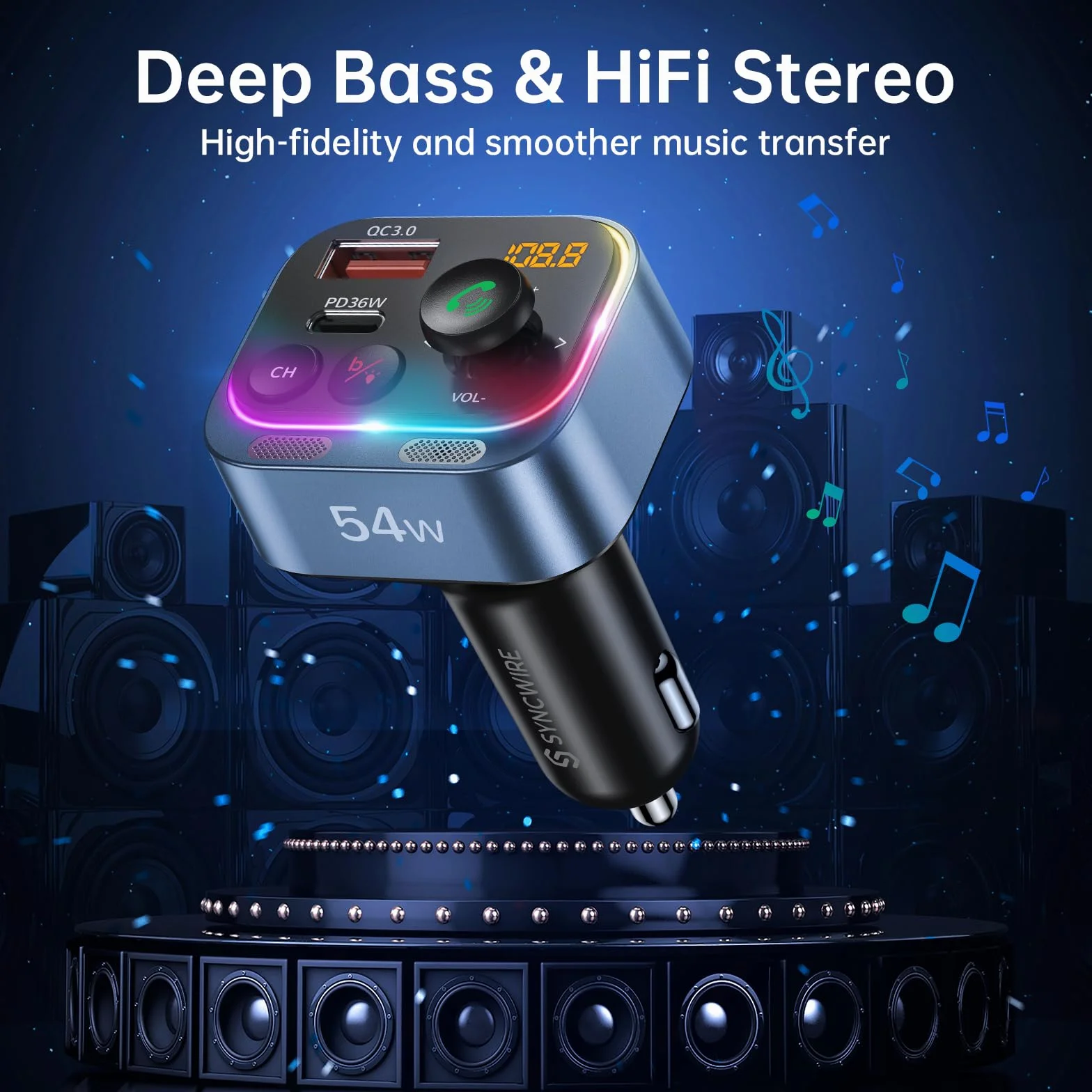 Syncwire Nadajnik FM Bluetooth 5.4 54W PD&QC3.0 Ładowarka samochodowa USB C [Podwójny mikrofon i dźwięk basowy HiFi] [Szybkie ładowanie] [Przełącznik światła] Odbiornik radiowy rozmowy głośnomówiący,