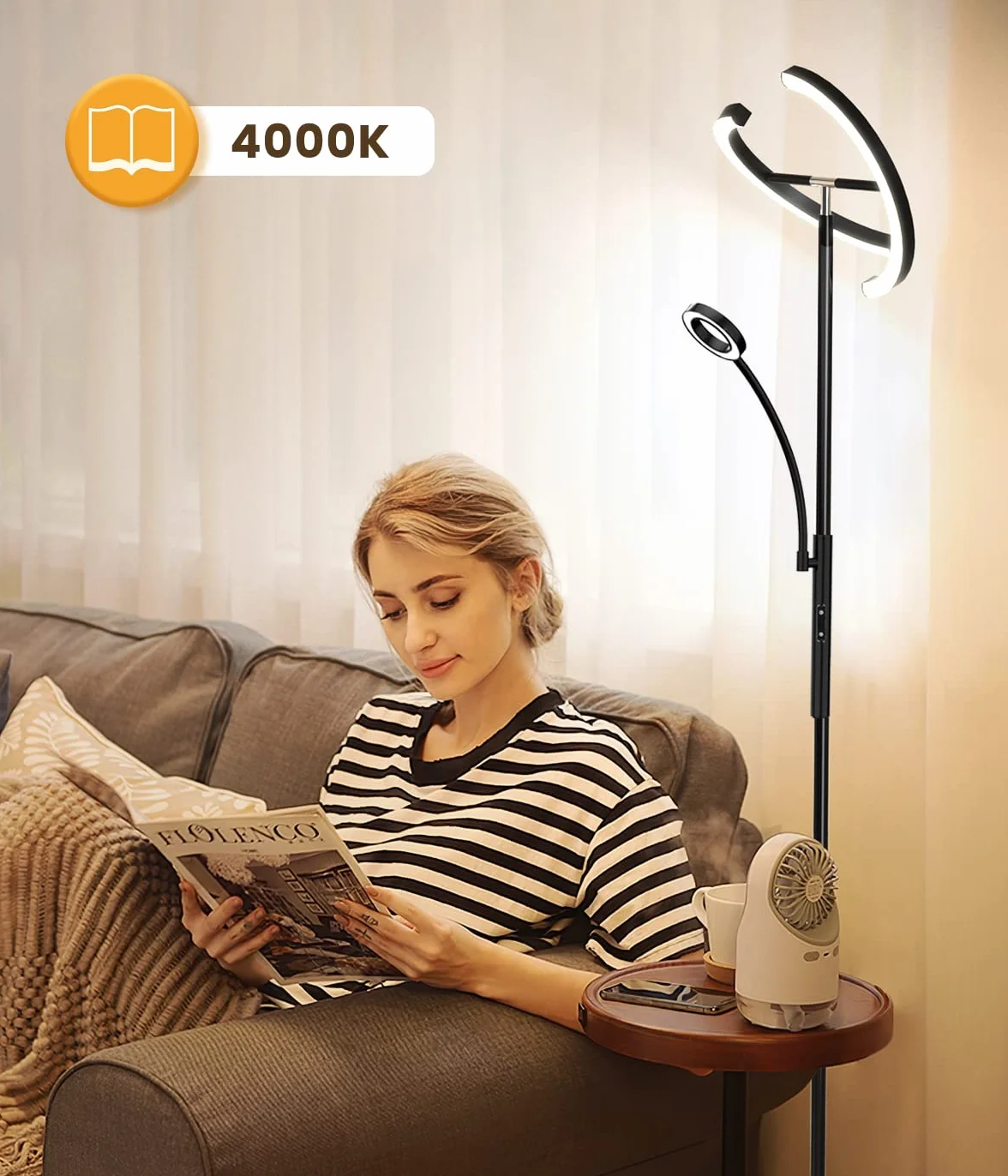 ANTENLICHT KAKA ściemnialna lampa stojąca LED, czarna 20 W z nowoczesną, elastyczną lampą do czytania 7 W, z pilotem zdalnego sterowania 1500 lm, 4 temperatury barwowe do salonu, sypialni