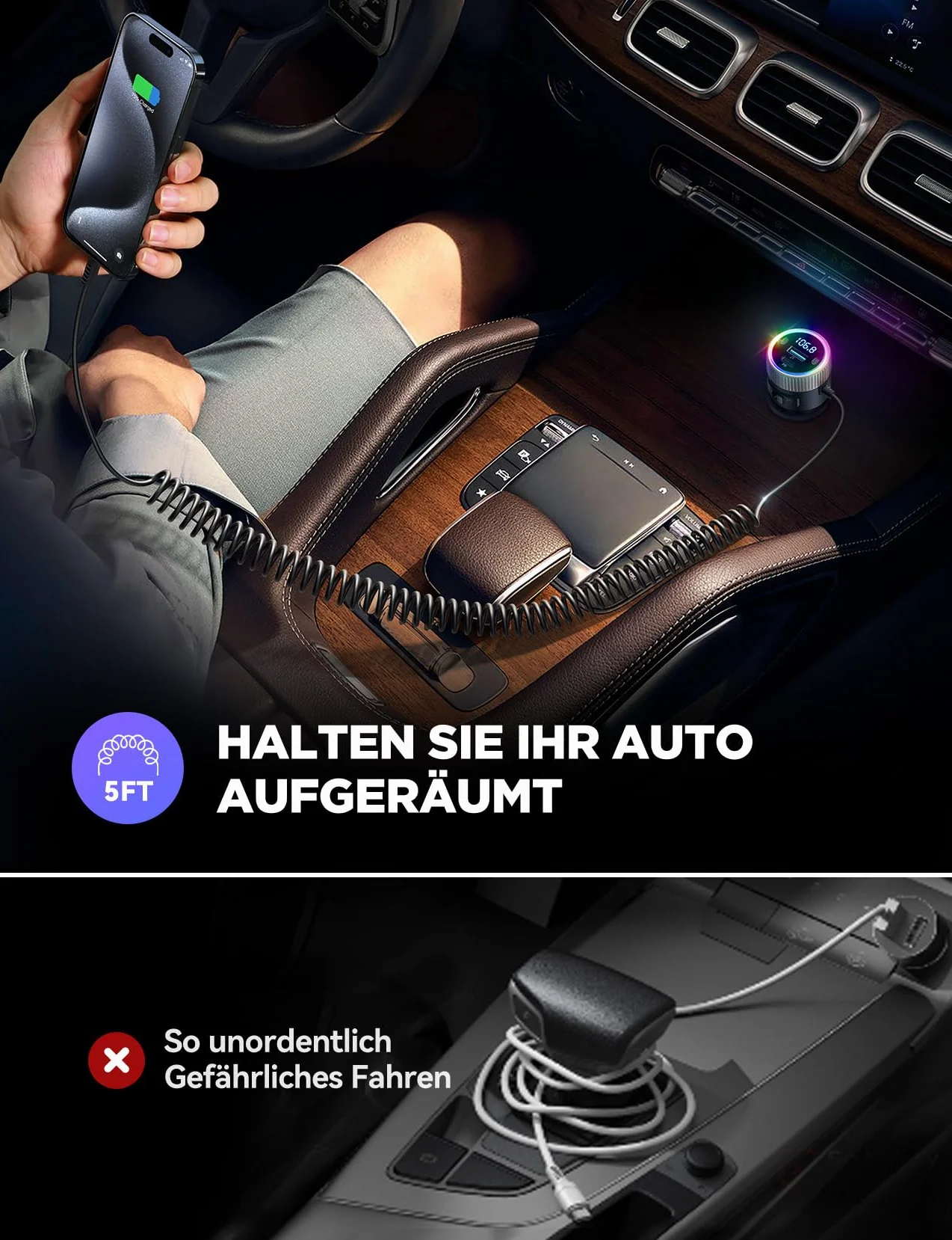 JOYROOM 5.4 Samochodowy Bluetooth 60 W [PD 30W i cewka kablowa typu C 30W] Nadajnik FM Bluetooth Odtwarzacz muzyki bez użycia rąk Stojak na połączenia USB