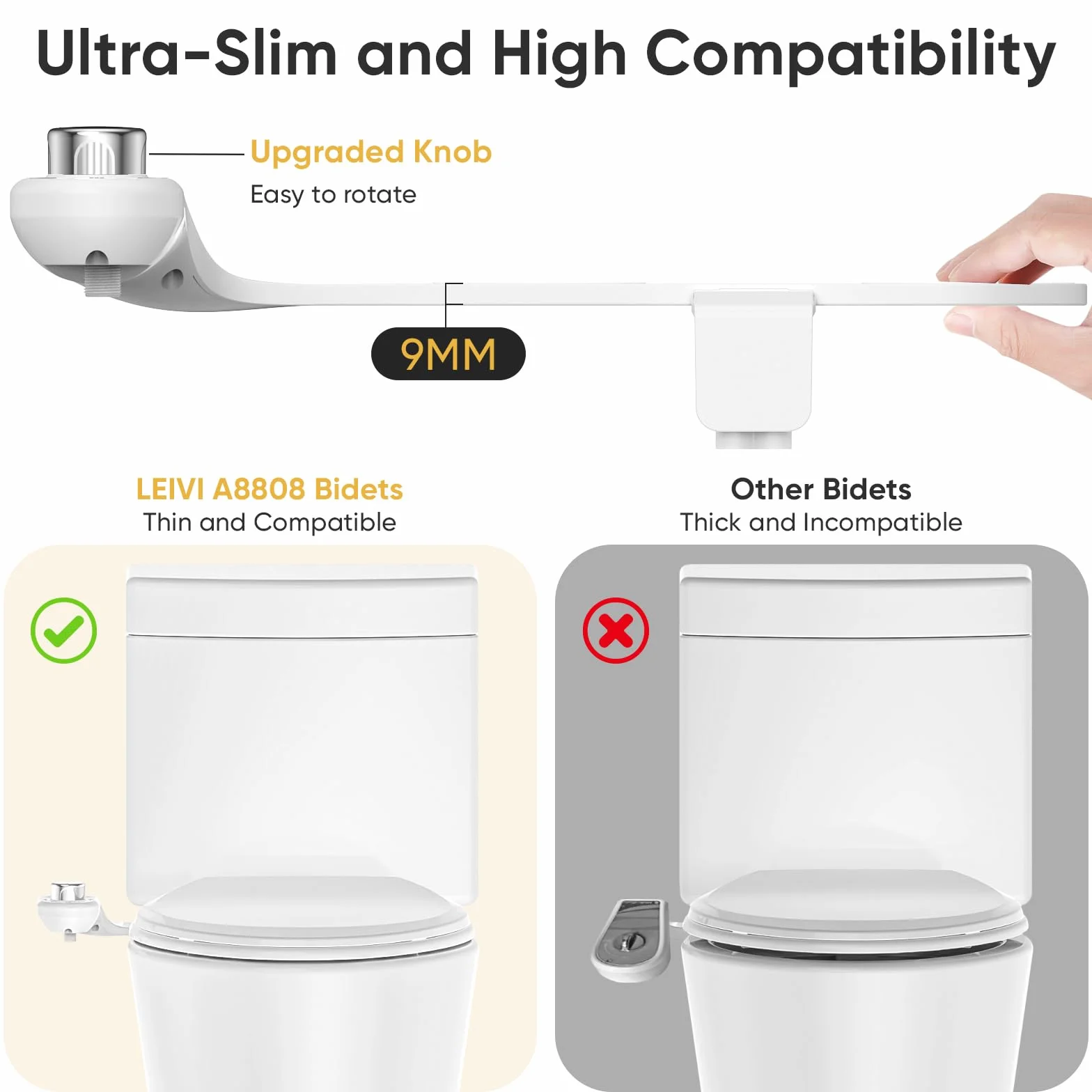 LEIVI Ultracienkie mocowanie bidetu do toalety, bidety do istniejących toalet z podwójną dyszą, higieniczny bidet toaletowy, spryskiwacz świeżej zimnej wody, regulowane ciśnienie wody