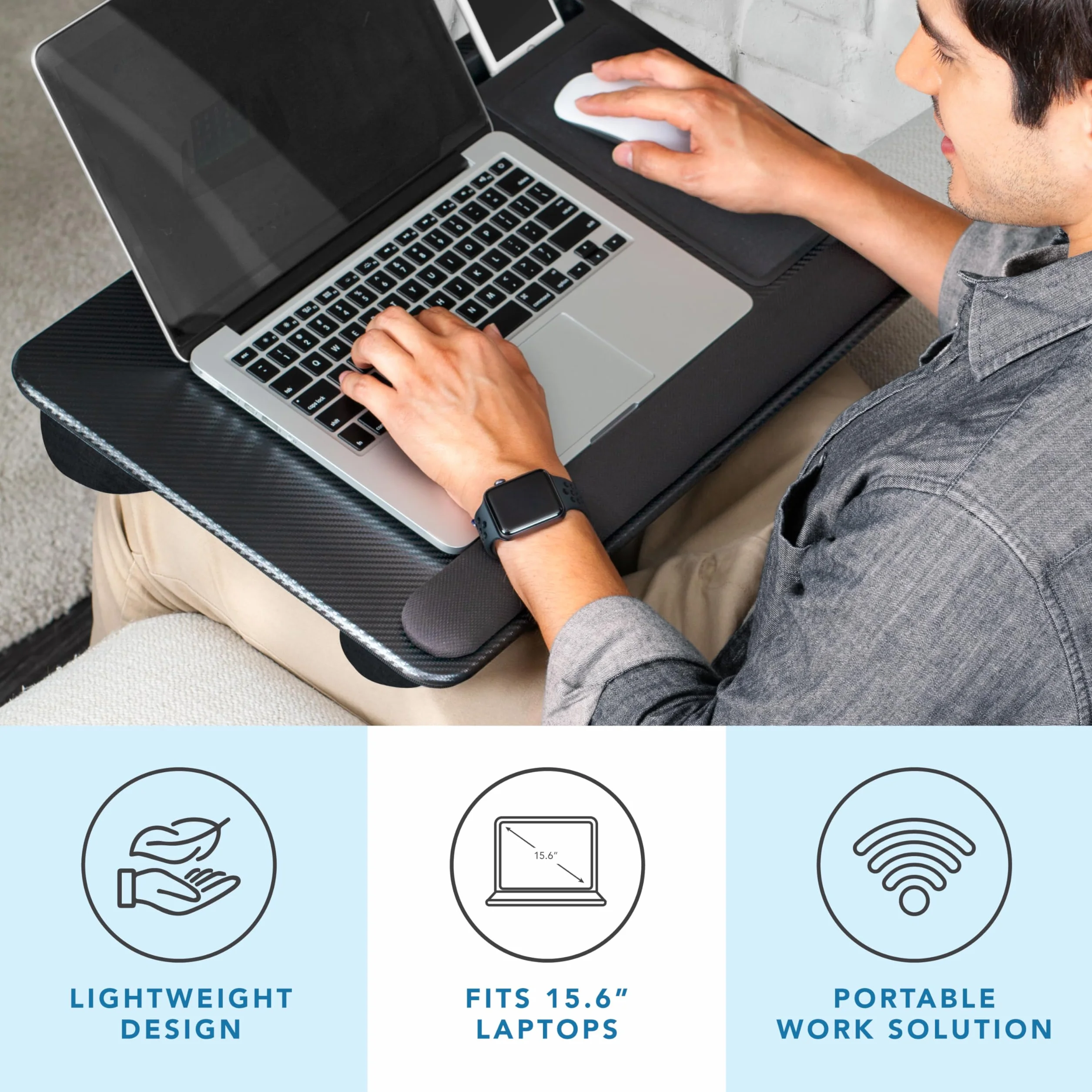 LapGear Home Office Pro Biurko na kolana z podpórką na nadgarstek, podkładką pod mysz i uchwytem na telefon, czarny, karbonowy, pasuje do laptopów o przekątnej ekranu do 15,6", styl nr 91598
