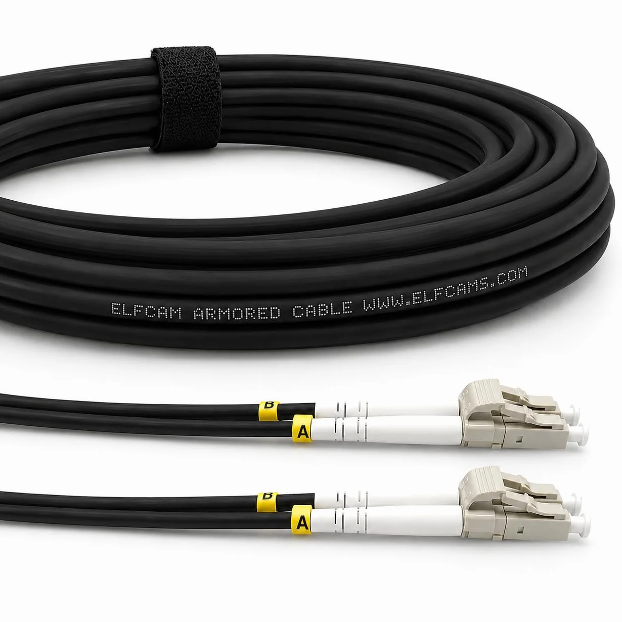 Elfcam® - 40 m na zewnątrz i wewnątrz ekranowany opancerzony kabel światłowodowy LC/UPC do LC/UPC OM3 Multimode Duplex 50/125μm LSZH, czarny, 40 metrów