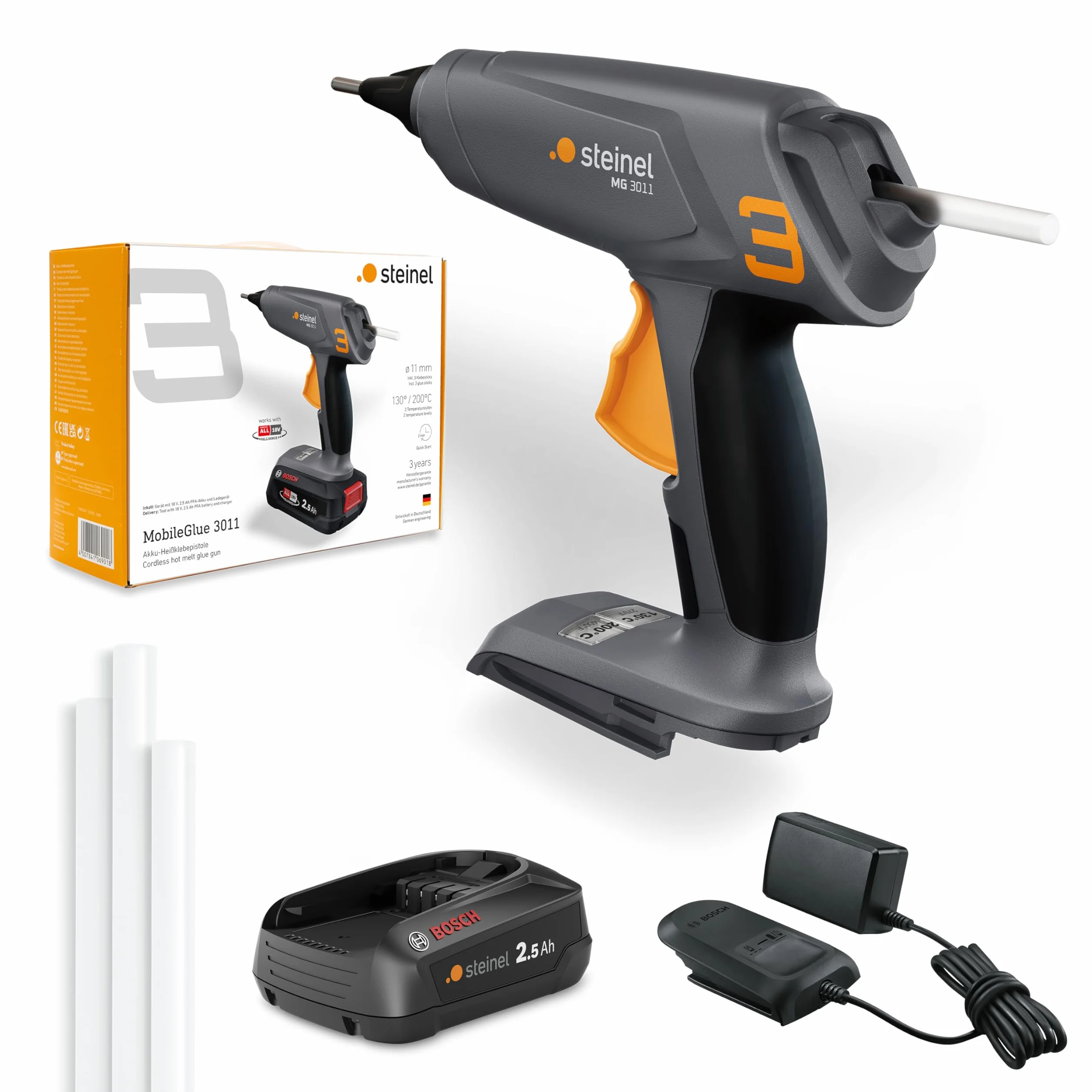 Steinel MobileGlue 3011 zestaw pistoletów do klejenia akumulatorów, zawiera akumulator PFA 2,5 Ah, bezprzewodowy pistolet do klejenia na gorąco 11 mm, 2 poziomy temperatury