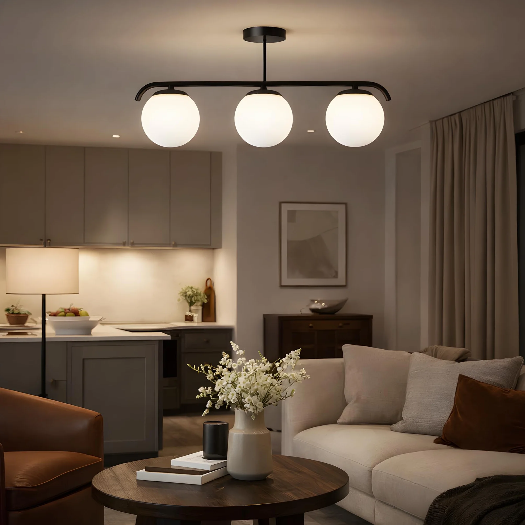 B·LED BARCELONA LED Potrójna lampa sufitowa, Talí” 3 opalowymi kulami szklanymi, 3xE27, minimalistyczny, nowoczesny styl, rozproszone oświetlenie do salonu, jadalni lub sypialni, metal kolorze łotym