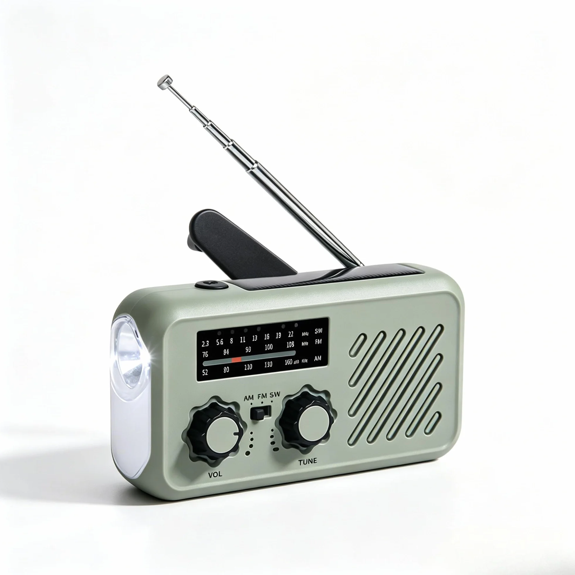 Radio awaryjne AM/FM z korbą solarną, dynamo, powerbank 2000 mAh, LED na kemping