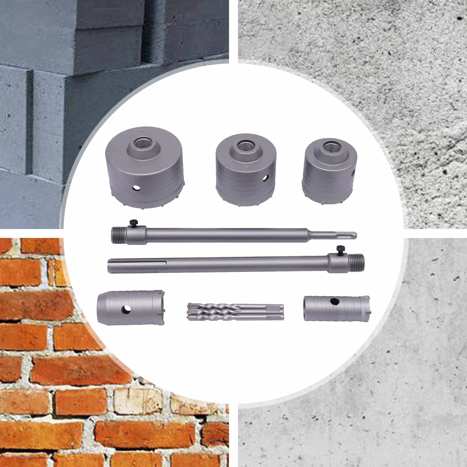 Korona wiertnicza do betonu zestaw z 2 wiertłami centralnymi, adapterem SDS, 300 mm SDS Plus/MAX, 30/40/68/80/100 mm, zestaw wierteł rdzeniowych do muru i betonu
