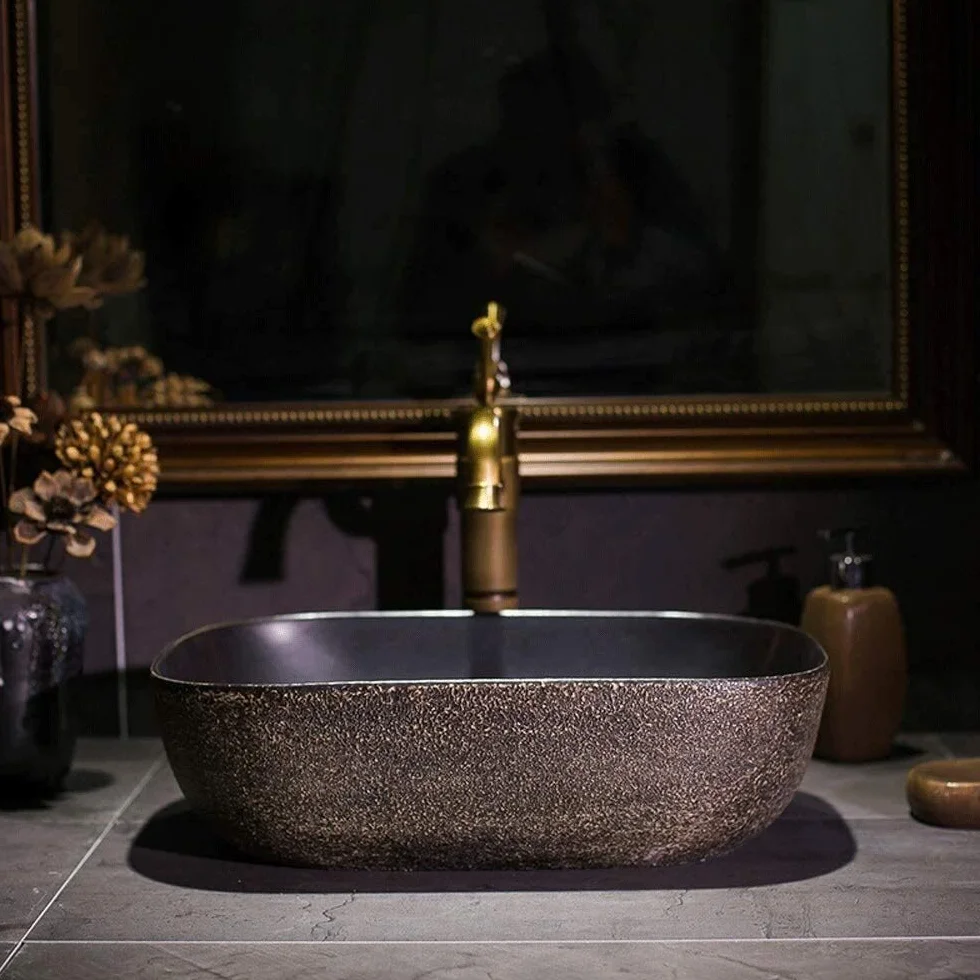 Szafka Pod Umywalkę Z Umywalką, Umywalka Nablatowa, Umywalka Nablatowa W Stylu Vintage, Czarna, Prostokątna, Porcelanowa, Ceramiczna, Umywalka Nablatowa
