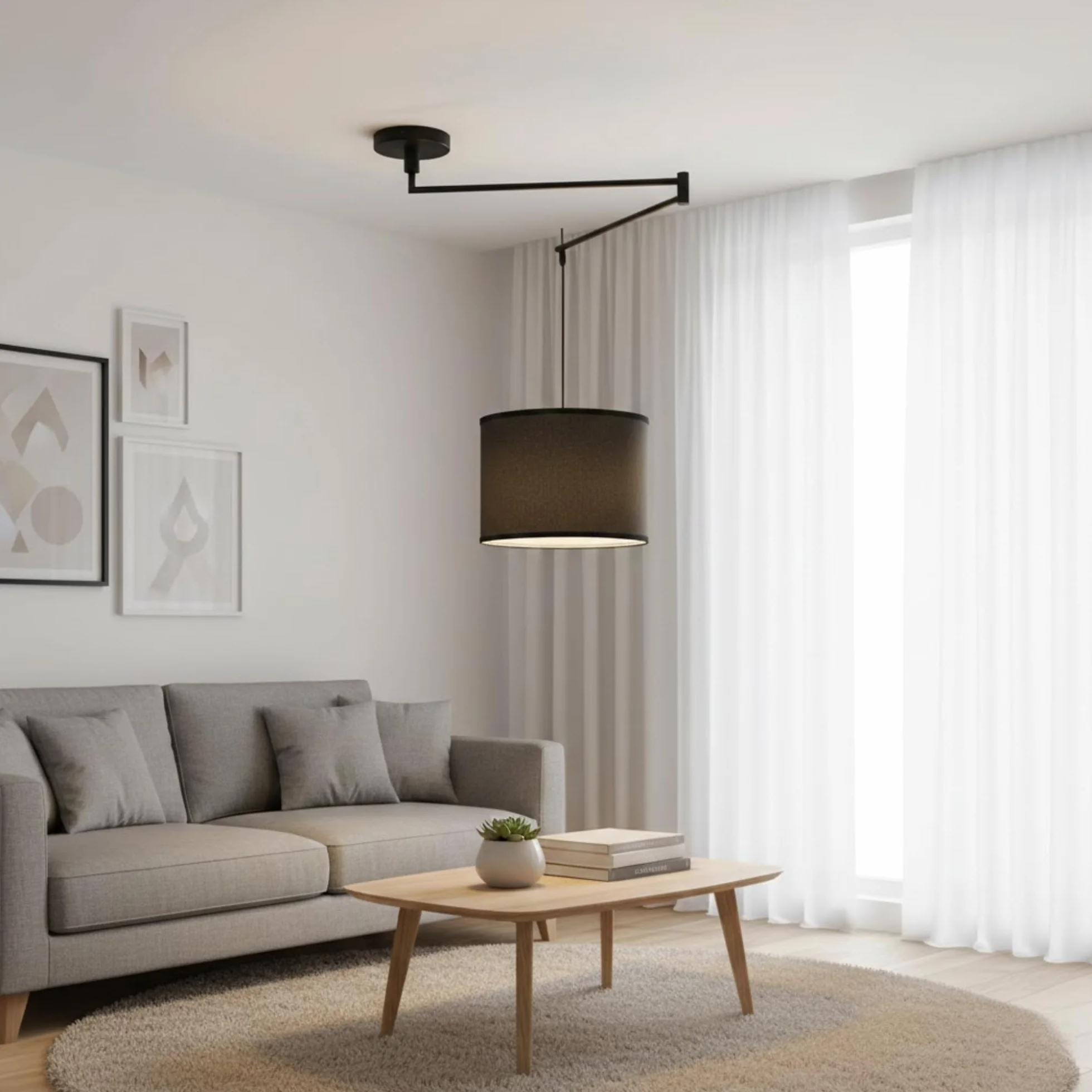 BARCELONA LED Czarna Lampa Wisząca z Regulowanym Ramieniem E27 z Abażurem z Tkaniny, Lampa Sufitowa Industrialna Vintage Skandynawska Minimalistyczna do Salonu Sypialni Jadalni Biura