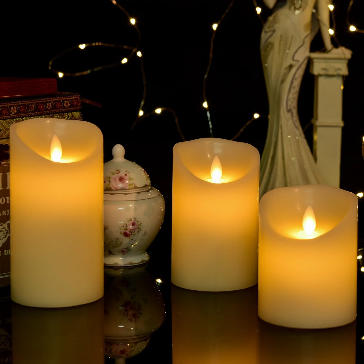 Da by świece LED bez płomienia, bateria na 300 godzin, zestaw 3 świec dekoracyjnych, 10 cm, 12,8 cm, 15,2 cm Migający płomień LED jest wykonany z naturalnego wosku w kolorze kości słoniowej.