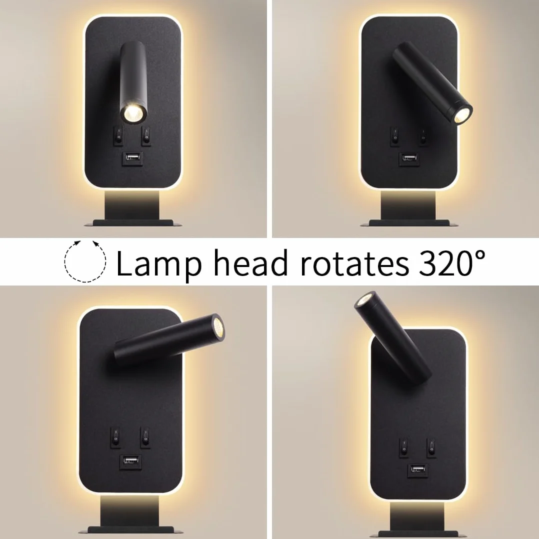 Nowoczesna lampa ścienna LED, 3W lampa do czytania, Met USB-oplaadpoort en telefoonhouder,obracana o 350°, 9W lampa ścienna LED, z przełącznikiem, do sypialni, salonu, gabinetu,3100K (Czarny)