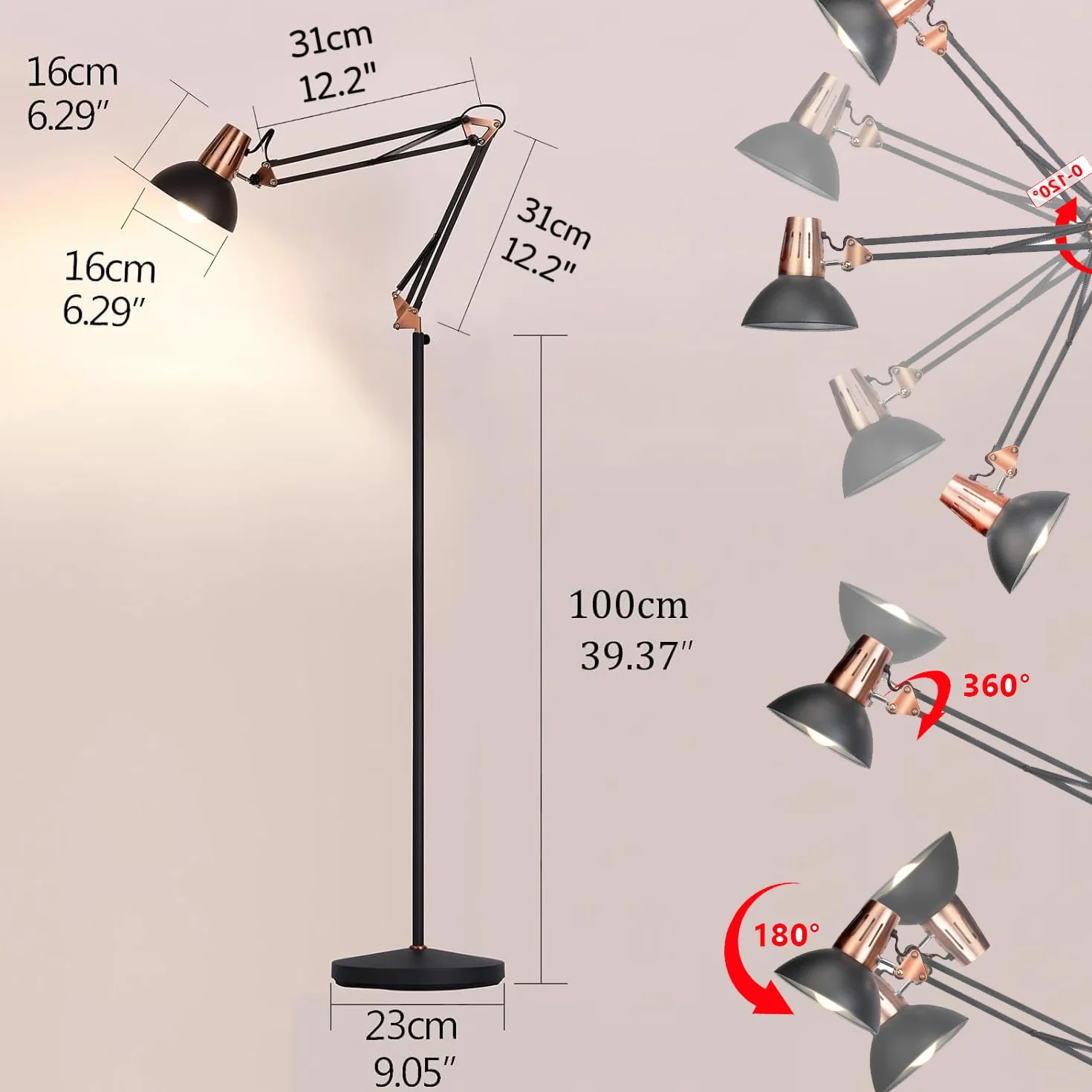 FIRVRE Lampa stojąca LED, retro, metalowa, wychylna lampa stojąca, 3 tryby użytkowania – lampa stojąca, lampa biurkowa z klipsem, E27, lampa do czytania architektów, z przełącznikiem ciśnieniowym, do