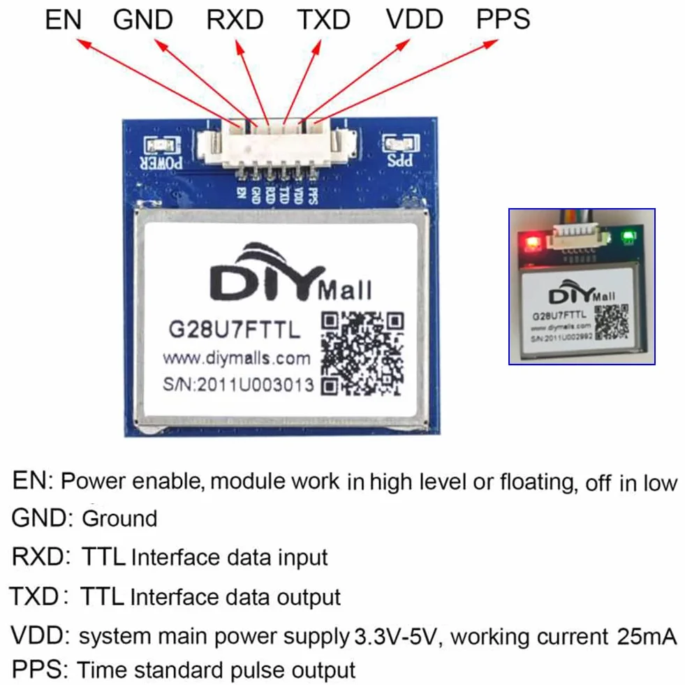 DIYmalls G28U7FTTL moduł odbiornika GPS 3.3V-5V z ceramiczną anteną NMEA-0183