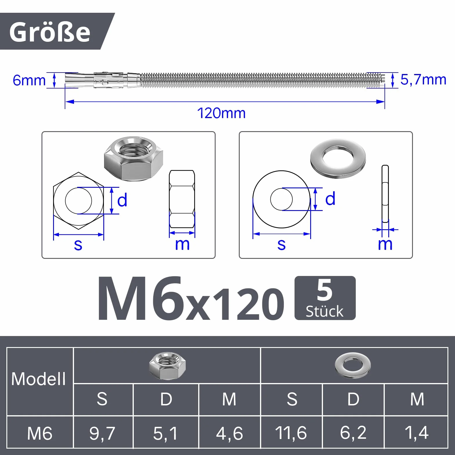 ORTAVA Kotwa do dużych obciążeń M6 x 120 mm, kotwa śrubowa o dużej wytrzymałości, ze stali nierdzewnej A2V2, kotwa udarowa M6 do maszyn, poręczy, 5 sztuk
