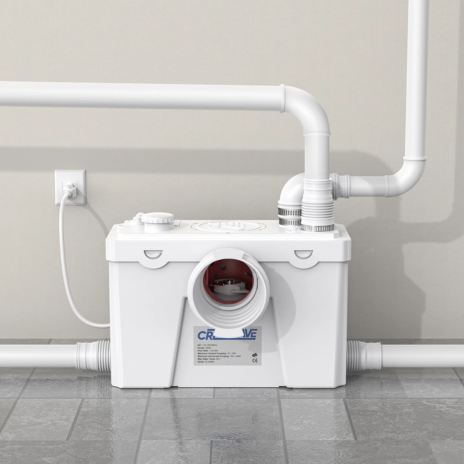 CrestWave - Pompa maceratora 500 W, system spłukiwania o wysokiej wytrzymałości z 4 wlotami wody, przepływ 20 l/m, idealny do zlewu, toalety, kuchni, prysznica, wanny, pralni, wody