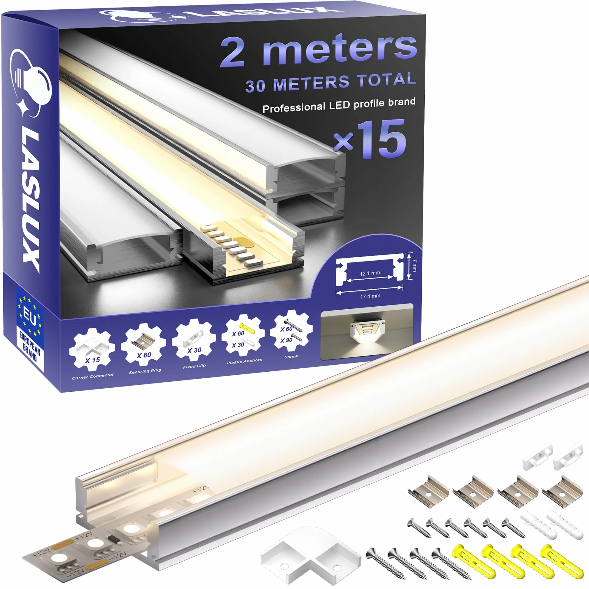 Profil aluminiowy LED, 2 m x 15 szt. (30 m), profil aluminiowy LED do LED, aluminium z mleczną pokrywą, zaślepkami i uchwytem montażowym, metalowe klipsy mocujące