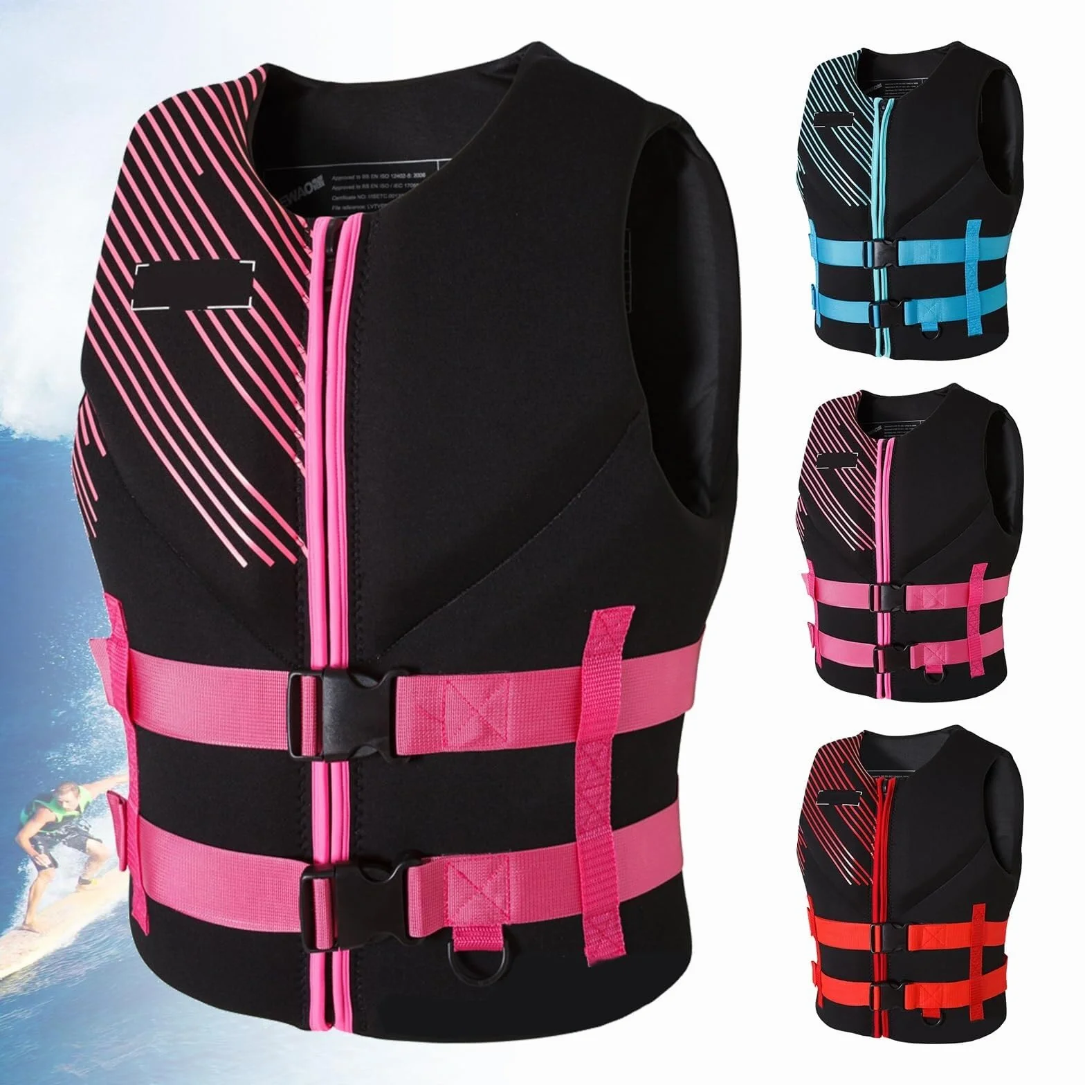 Kamizelki ratunkowe do kajaków dla dorosłych, kamizelka bezpieczeństwa, regulowana kamizelka ratunkowa do kajakarstwa snorkelingu sportów wodnych(Pink,XL65-80KG)