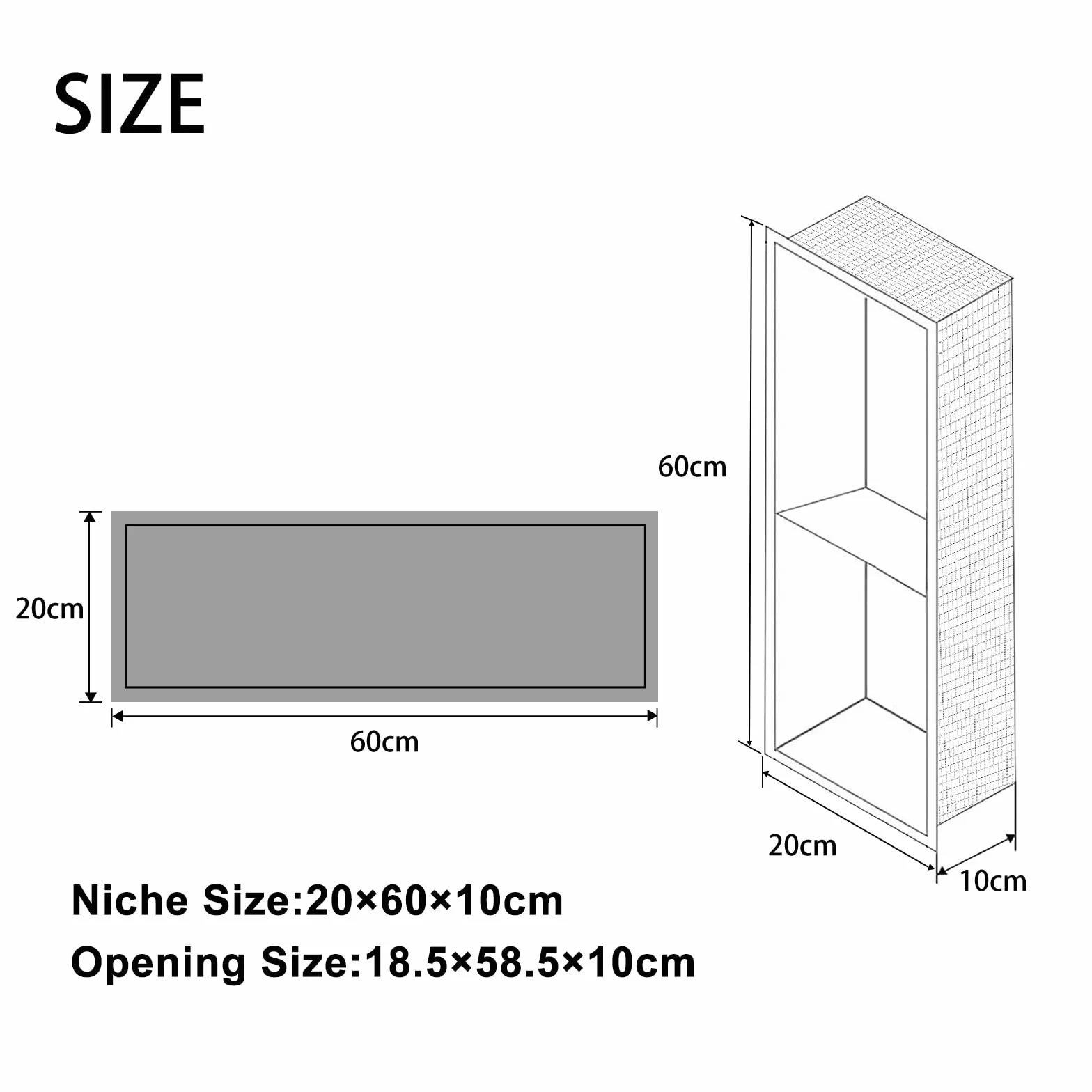 Nisza prysznicowa ścienna, ze stali nierdzewnej, do przechowywania niszy ściennej z regałem, 20 x 60 x 10 cm, szara