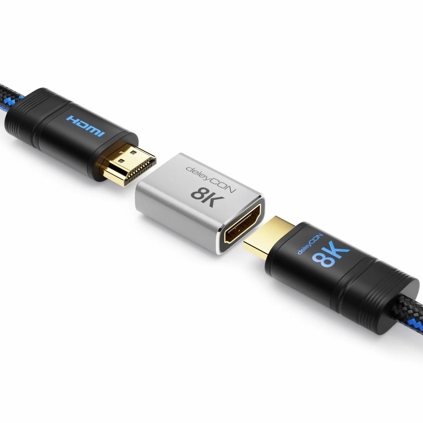 deleyCON 2 Szt. Złączka HDMI 2.1 8K (48G, Ultra High Speed) - Adapter 8K@60Hz, 4K@120Hz, 2K@144Hz/165Hz, EARC, HDCP 2.3/2.2, DTS:X - do HDR Dolby Atmos, TV, PS5, Xbox, Soundbara, Monitora - Srebrny