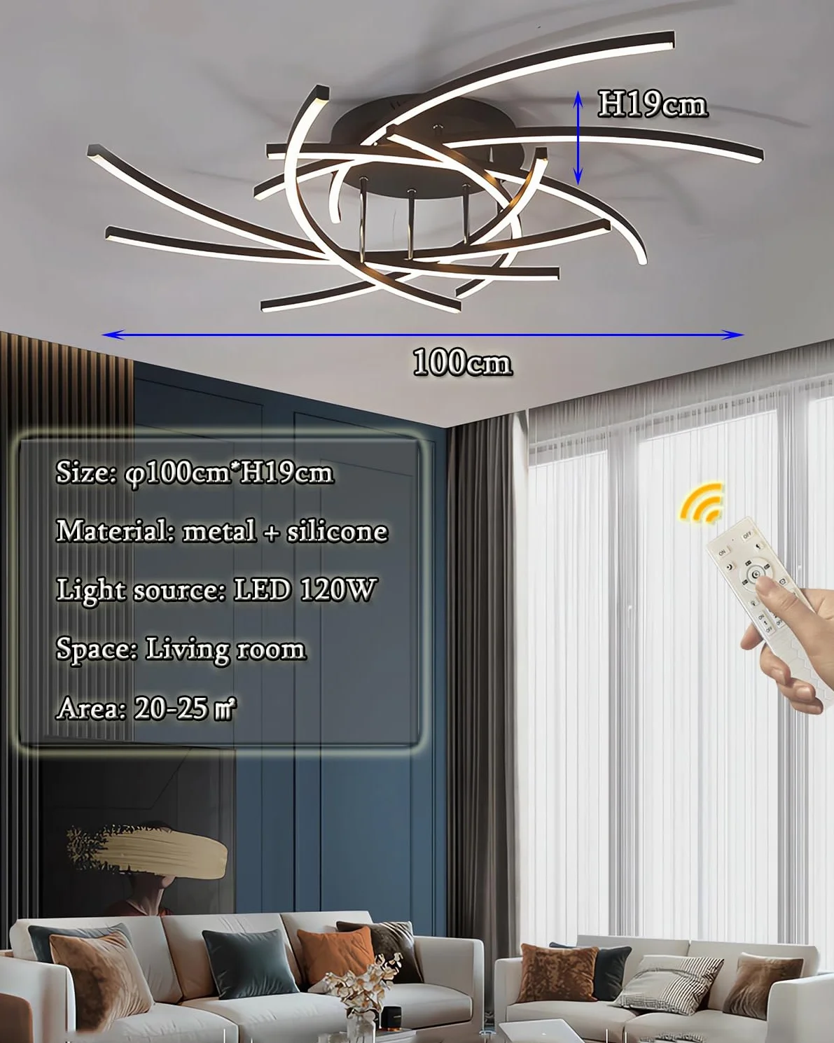 Lampa sufitowa LED Ściemnialna lampa do salonu Sufit z pilotem Nowoczesna lampa sufitowa do sypialni Projektowanie wnętrz Oświetlenie sufitowe Salon Jadalnia kuchenne (Czarny, 8-płomień,100cm,120W)
