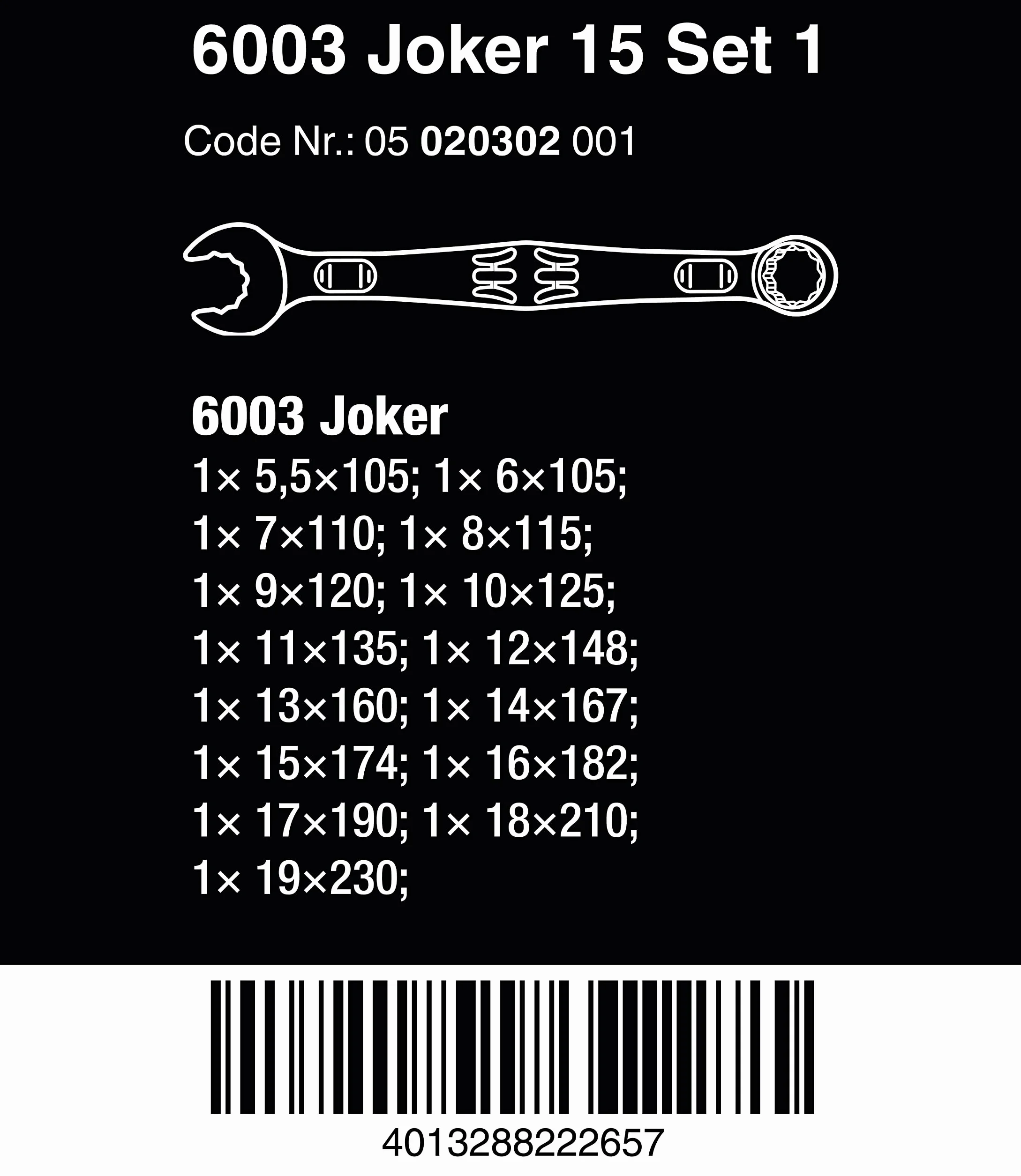 Wera 6003 Joker 15 Set 1 Zestaw Kluczy Płasko-Oczkowych, Srebrny/Czarny, 15-częściowy