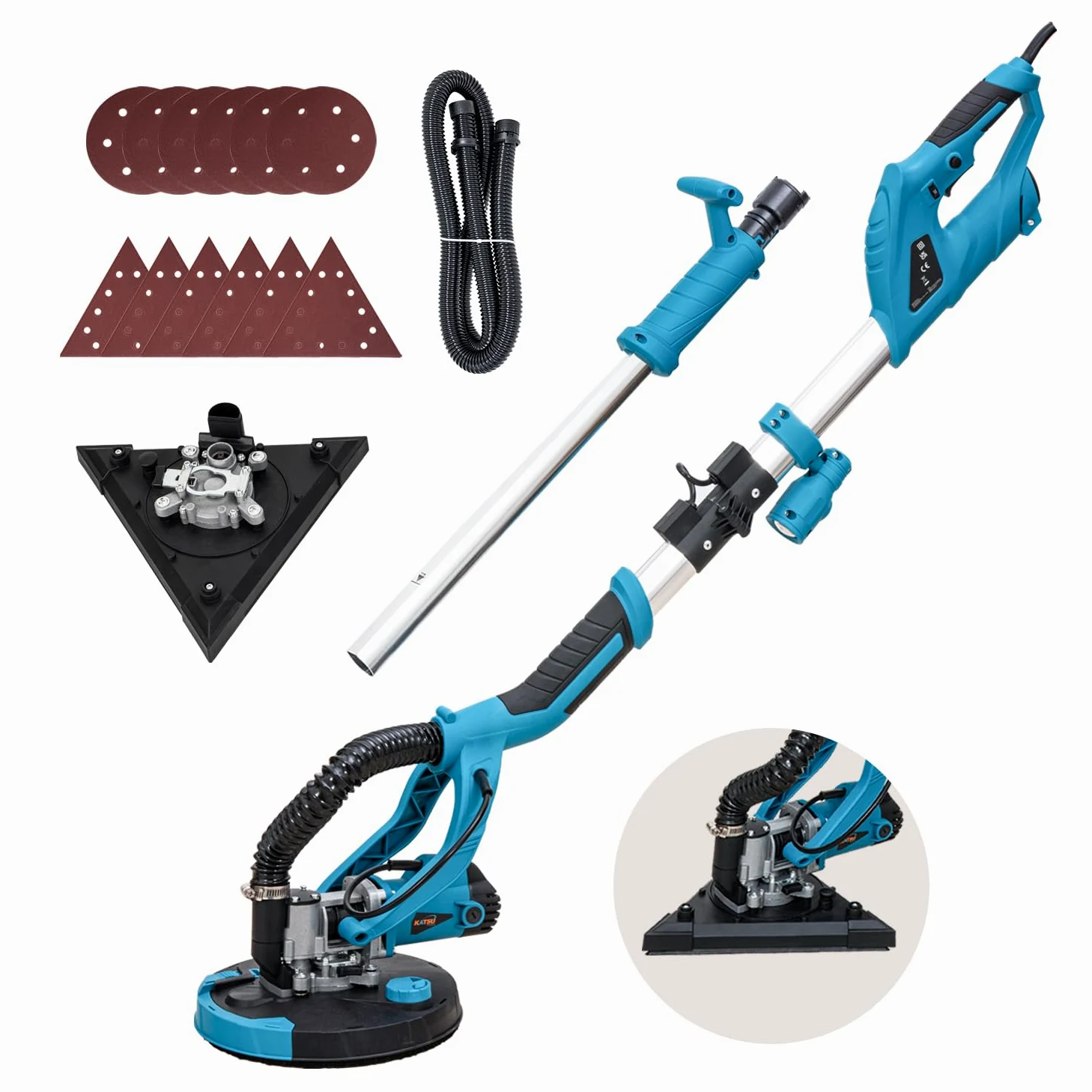 KATSU Tools Elektryczna szlifierka do płyt kartonowo-gipsowych 950 W z podwójną tarczą (okrągła + trójkątna), teleskopowy, składany aluminiowy uchwyt, latarka LED, 6 zmiennych prędkości, 12 papieru