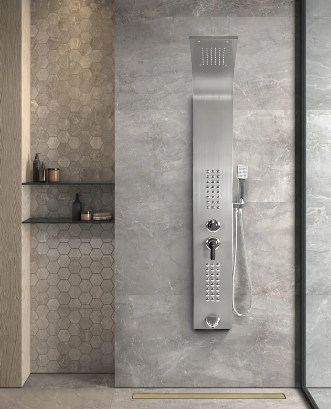 ZOLTA Panel Prysznicowy z Hydromasażem – Kolumna Prysznicowa z Baterią, Deszczownicą i Wylewką, Nowoczesny Zestaw Natryskowy do Łazienki, Komfortowa Kąpiel SPA, Funkcjonalny Design i Wysoka Jakość Wyk