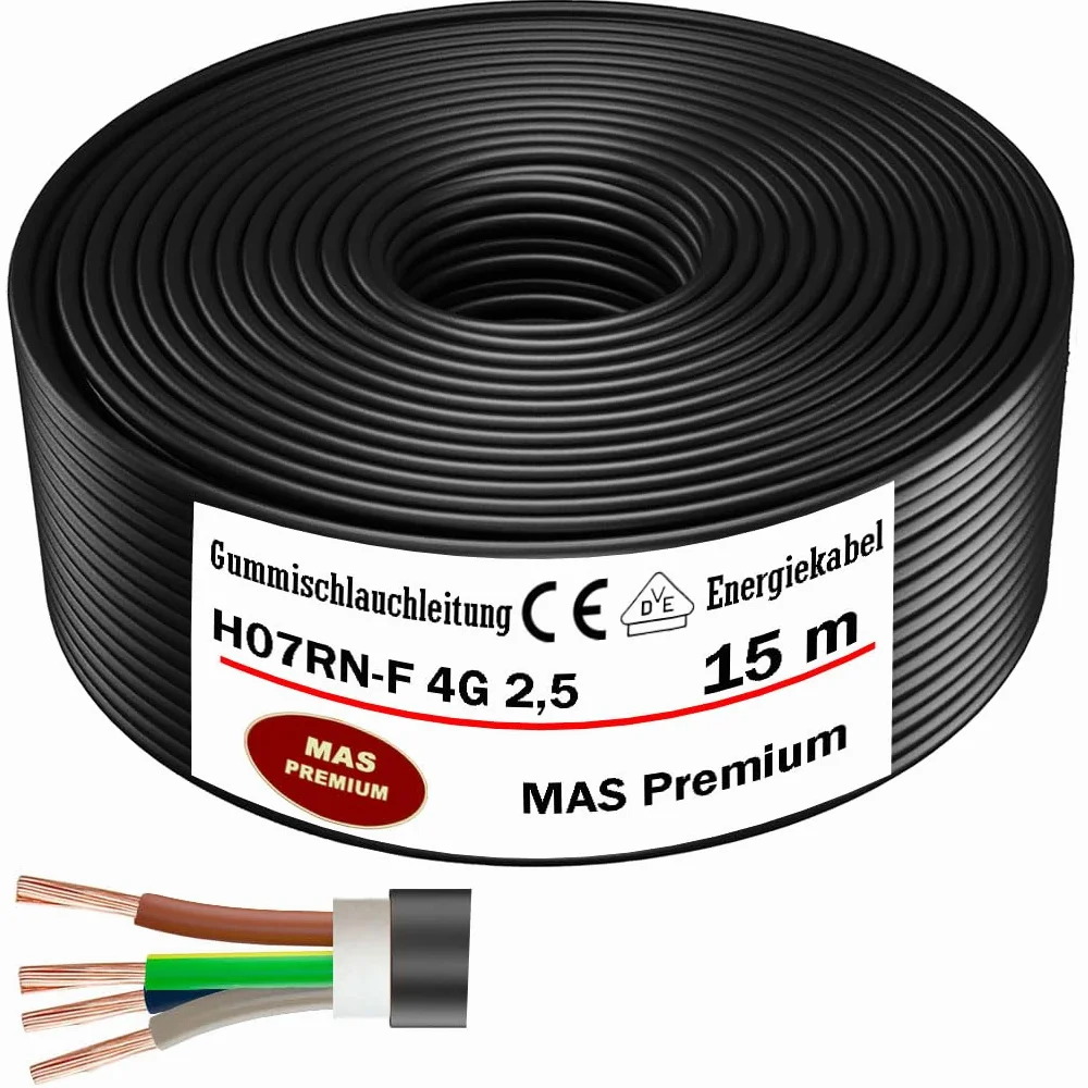 MAS Premium Przewód gumowy od 5 do 100 m, kabel zasilający na plac budowy H07RN-F 4G2,5 mm², elastyczny przewód z przewodem ochronnym do ciężkich urządzeń (15 m)
