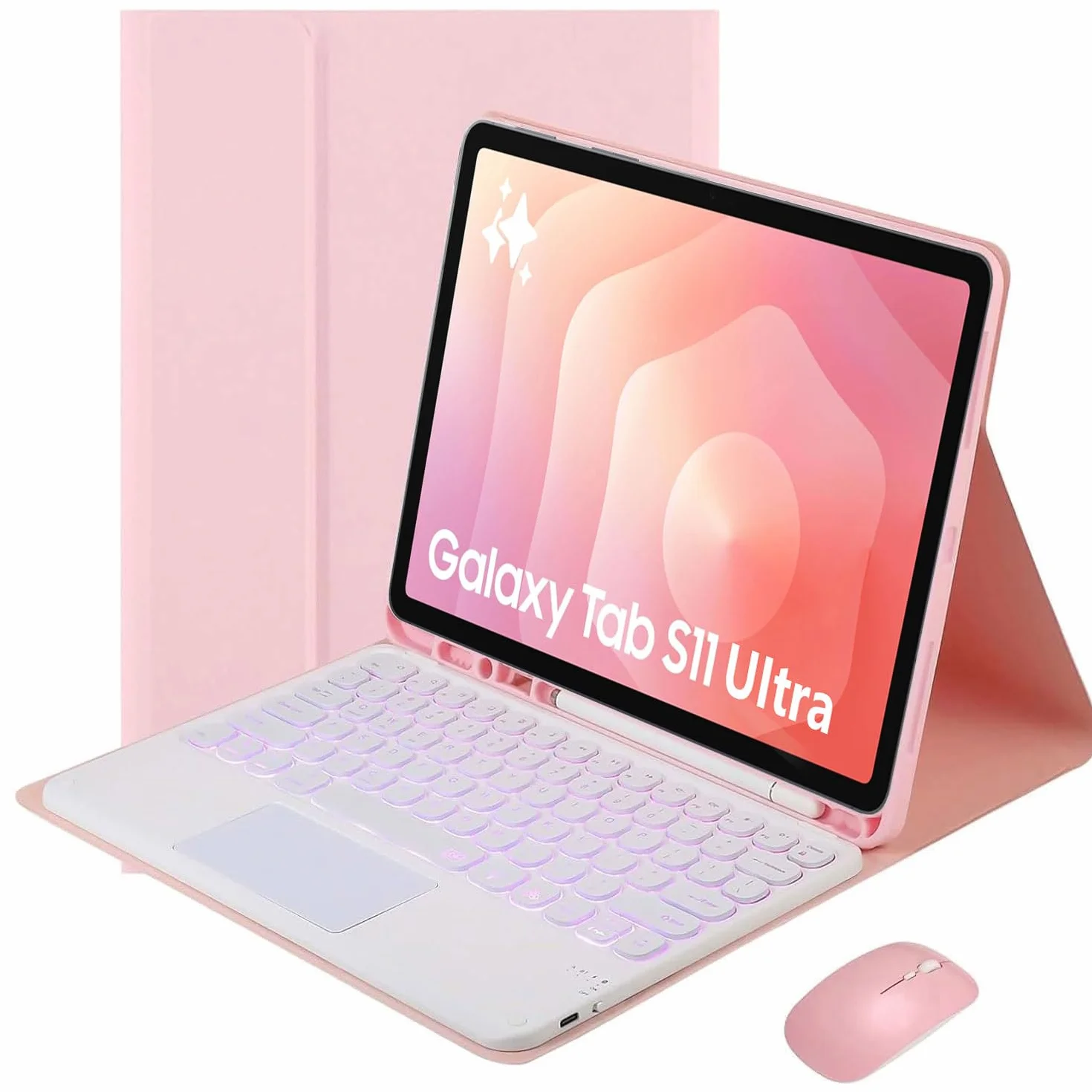 Keyboard Case for Samsung Galaxy Tab S11 Ultra S10 Ultra S9 Ultra S8 Ultra 14.6 cala, Podświetlana Klawiatura Bluetooth, Odłączana Mysz, Różowy