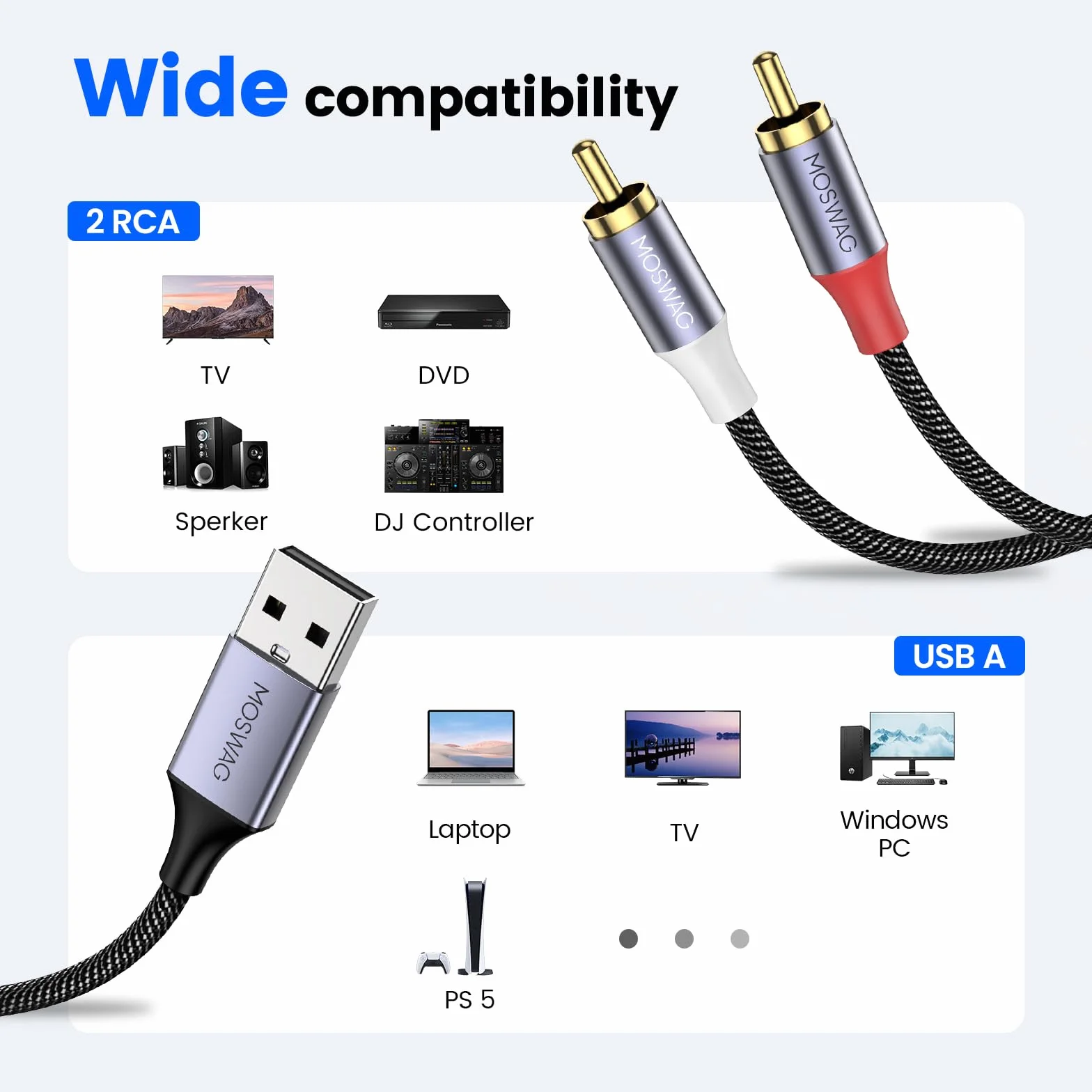 MOSWAG Konwerter kabla audio USB na RCA 1 m USB 2.0 na 2 wtyczki RCA