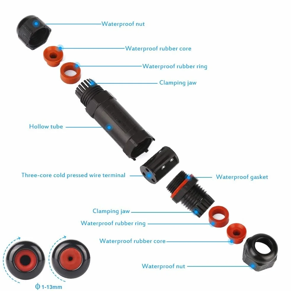HOSPAOP Złącze kablowe wodoszczelne IP68, mufa łącząca, kabel ziemny, pudełko przyłączeniowe, 3-biegunowe do średnicy kabla Ø 3-12 mm, puszka rozgałęźna, zewnętrzna, wodoszczelna, 4 sztuki, czarne