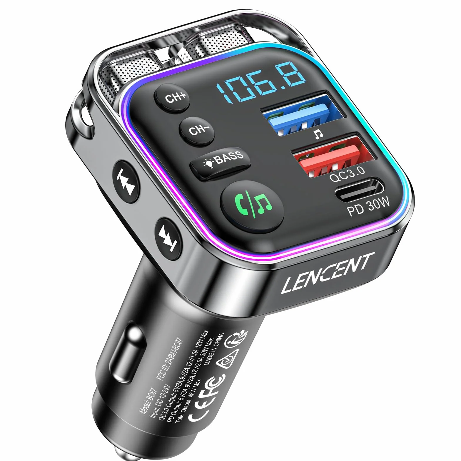 Lencent Bluetooth 5.3 nadajnik FM 48 W szybka ładowarka PD30W QC18W dźwięk Hi-Fi