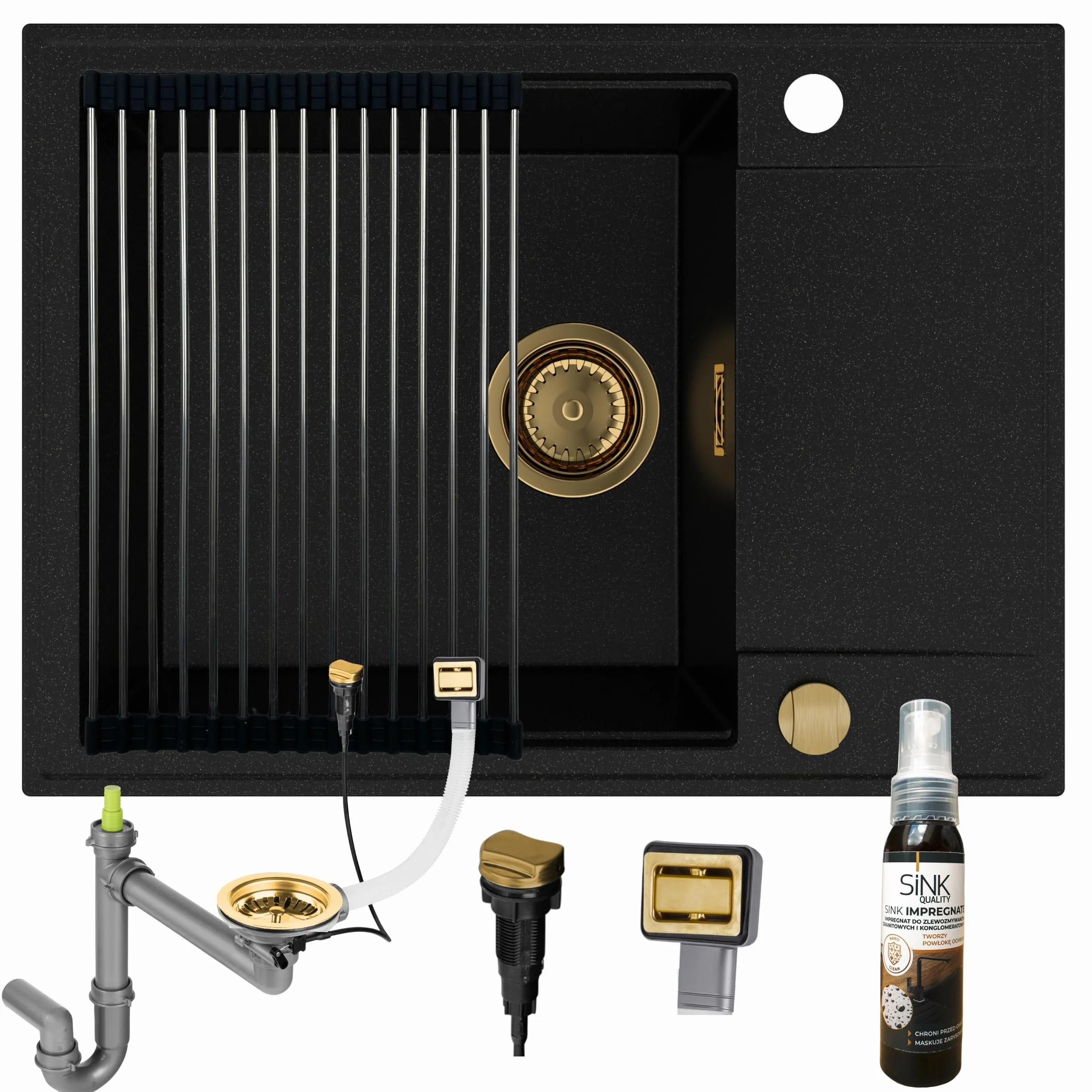 Zlewozmywak empiria SINK QUALITY granitowy czarny z złotymi plamami 62x46 - zlewozmywak z złotym syfonem, podstawka do spuszczania wody, środek do impregnacji - zlewozmywak kuchenny z powierzchnią do