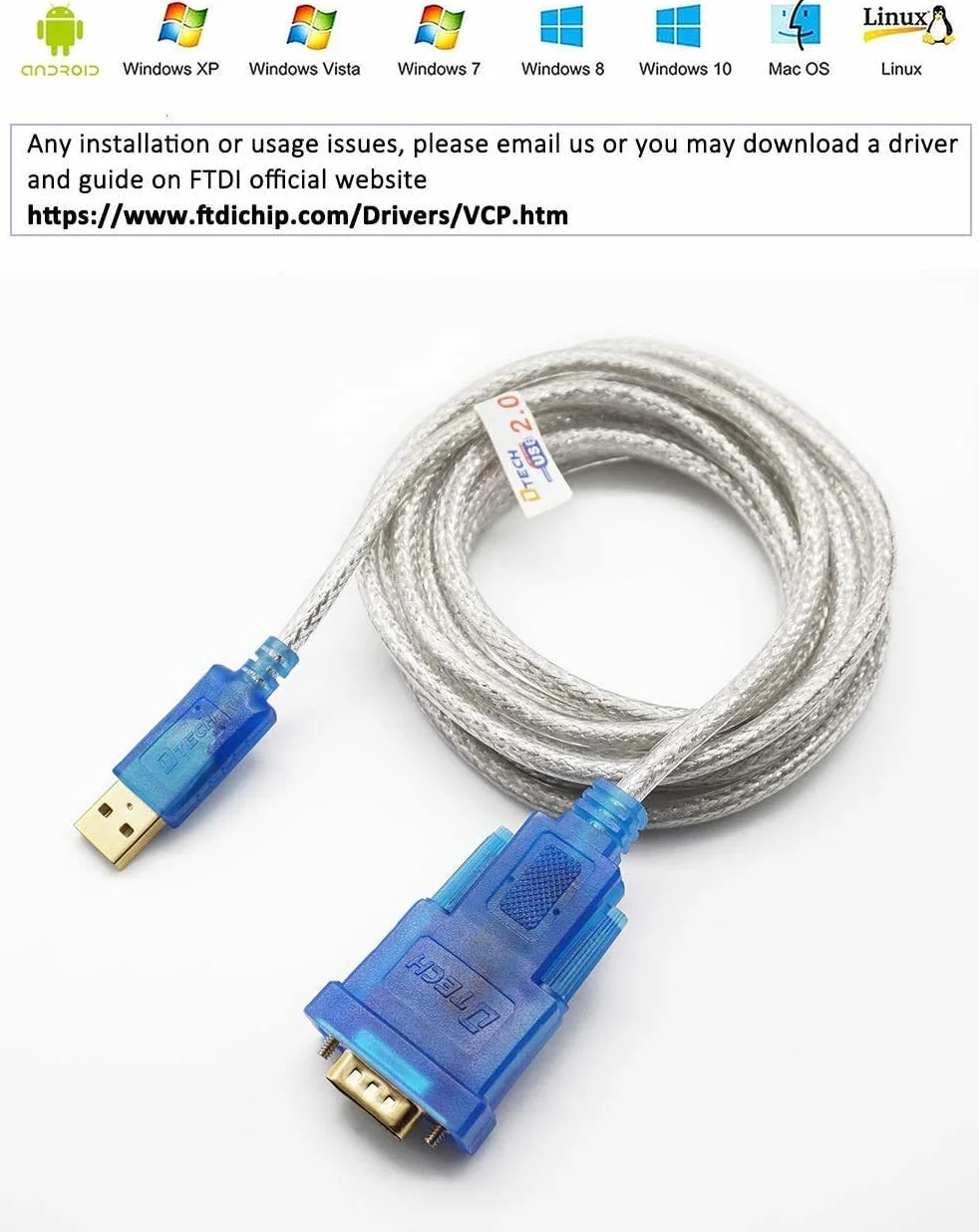 DTech USB na RS232 DB9 adapter szeregowy z chipsetem FTDI, obsługuje Windows 11 10 8 7 i Mac Linux (1,2 m)