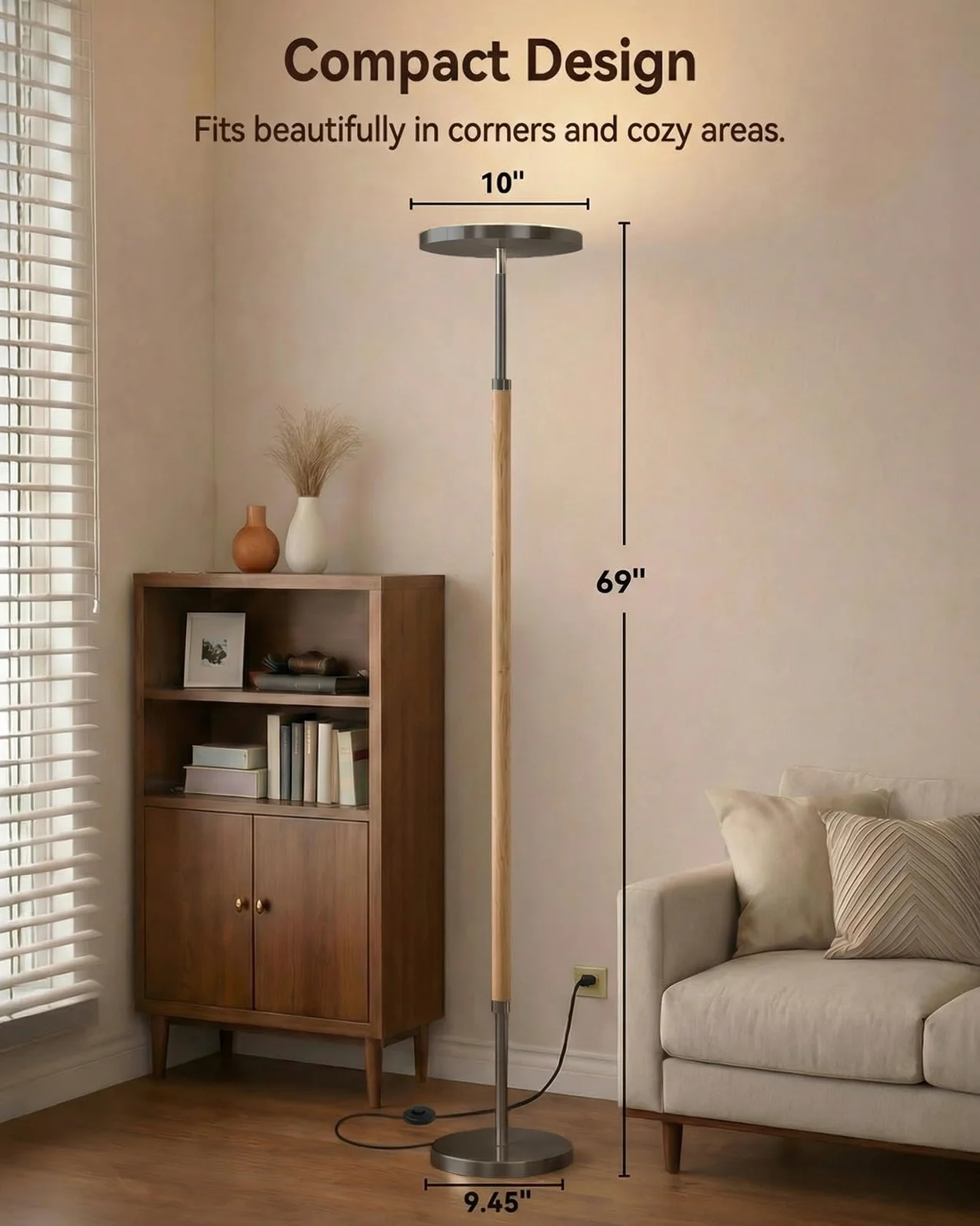 JOOFO Drewniana lampa podłogowa Torchiere, super jasna, bezstopniowa ściemniana, lampa stojąca LED, z pilotem zdalnego sterowania, regulowana temperatura barwowa 3000-6500 K, z timerem, do salonu