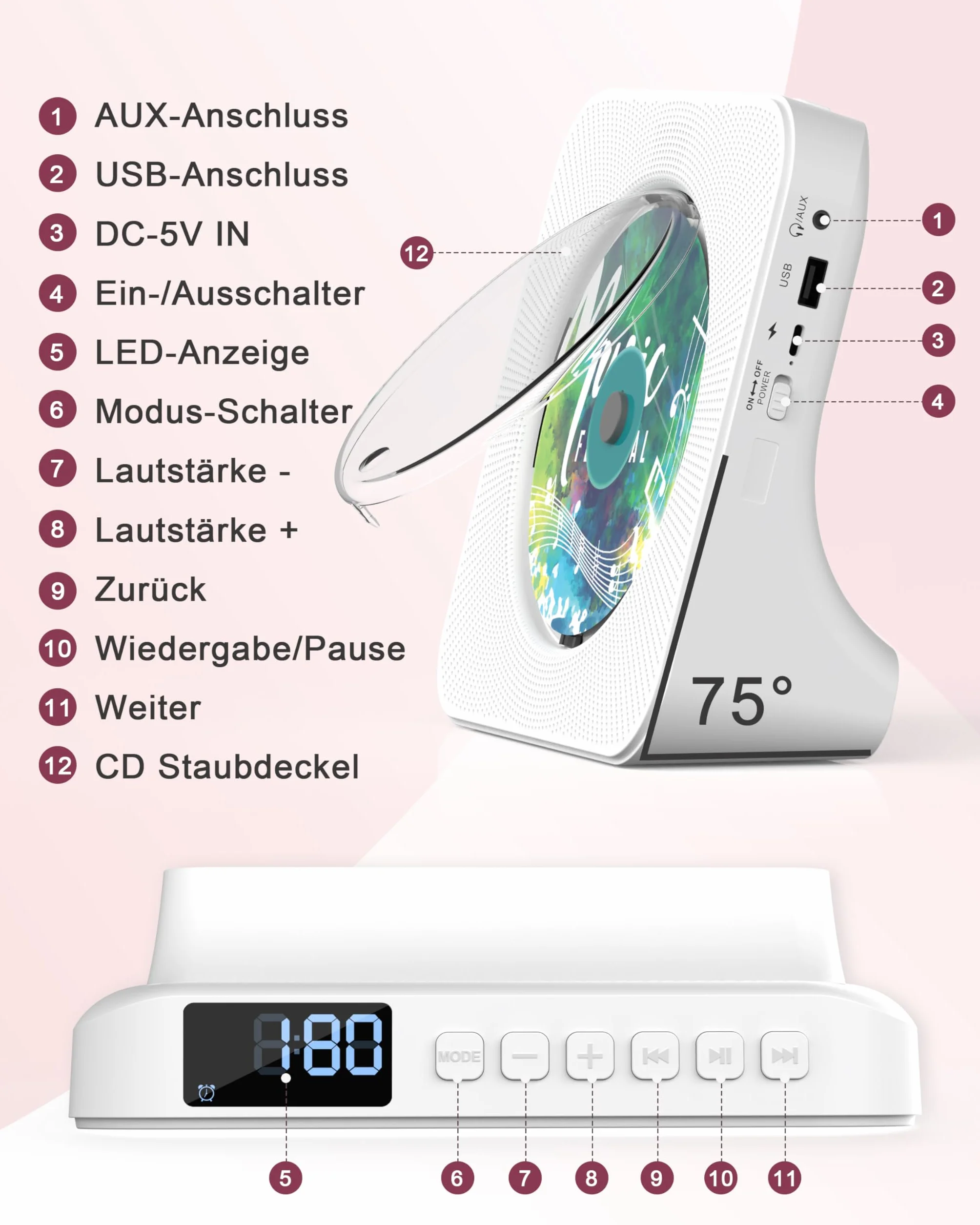 Przenośny odtwarzacz CD z Bluetooth 5.0, Greadio stacjonarny odtwarzacz CD do domu, odtwarzacz muzyczny CD z głośnikami, pilot zdalnego sterowania, osłona przeciwpyłowa, radio FM, wyświetlacz LCD, AUX