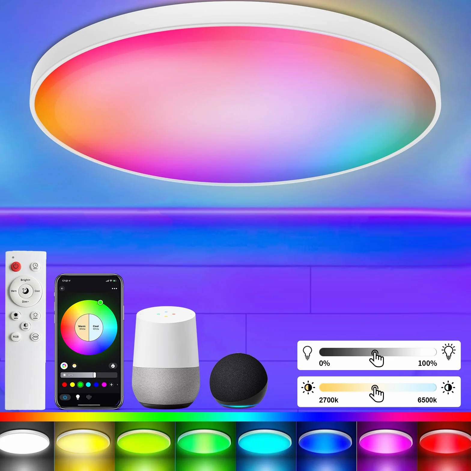 Alexa LED Lampa Sufitowa, 30W 2200LM Smart Lampy Sufitowe z Pilotem, Dimmable RGB Colour Changing Flush Lighting Dla Sypialni Pokój Dziecięcy Przedpokój Balkon (2700-6500K)