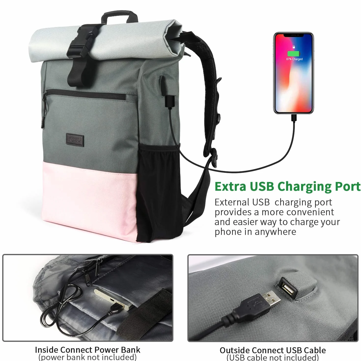 Plecak Rolltop Women na laptopa 17,3 cala z portem USB, szkolny, sportowy, różowy szary 26L