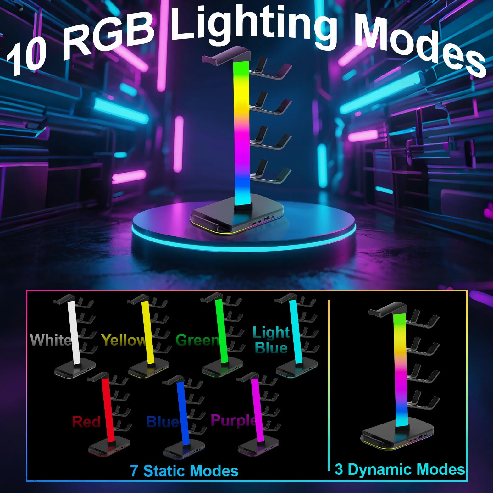 Stojak na Pady do Gier i Słuchawki z RGB | Przechowywanie dla 4 Padów + 1 Słuchawki + Smartphone | 3 Porty Ładowania (Type-C + USB-A)