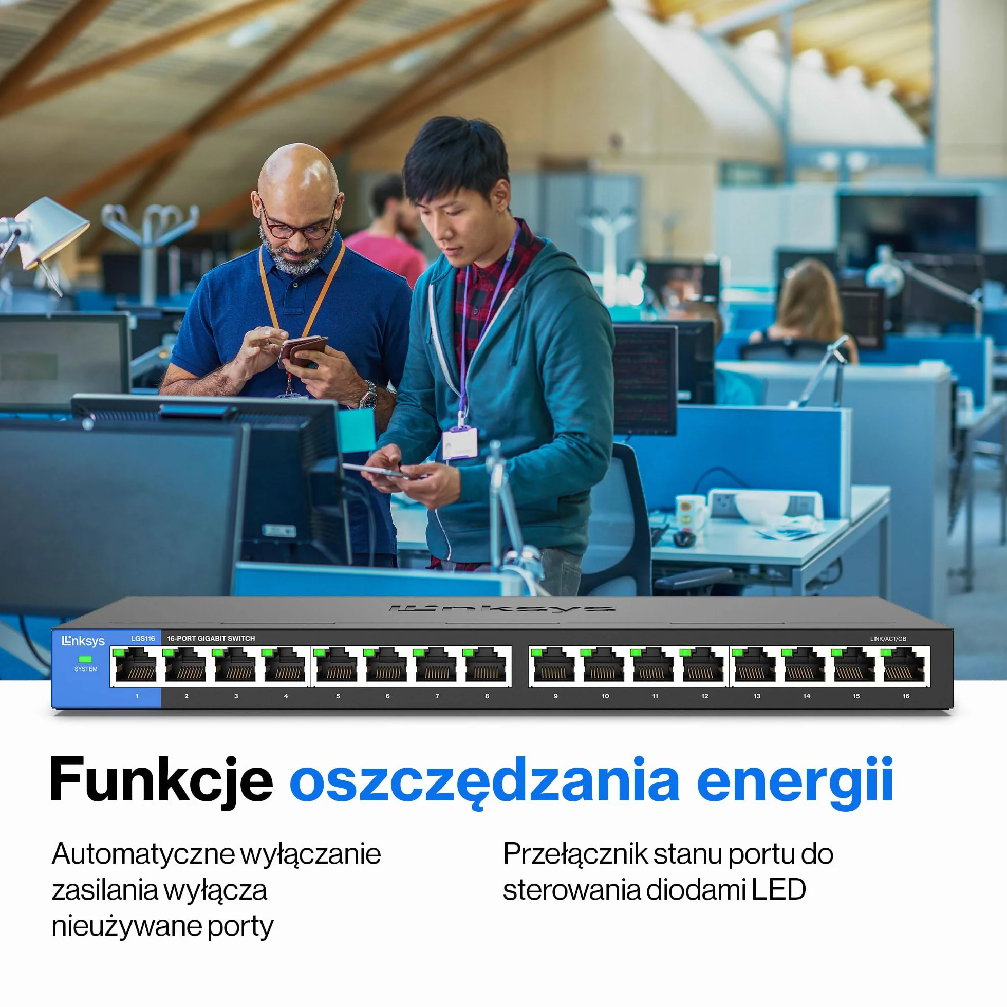 Linksys LGS116-EU 16-portowy gigabitowy niezarządzalny przełącznik sieciowy Ethernet, metalowa obudowa, Plug & Play