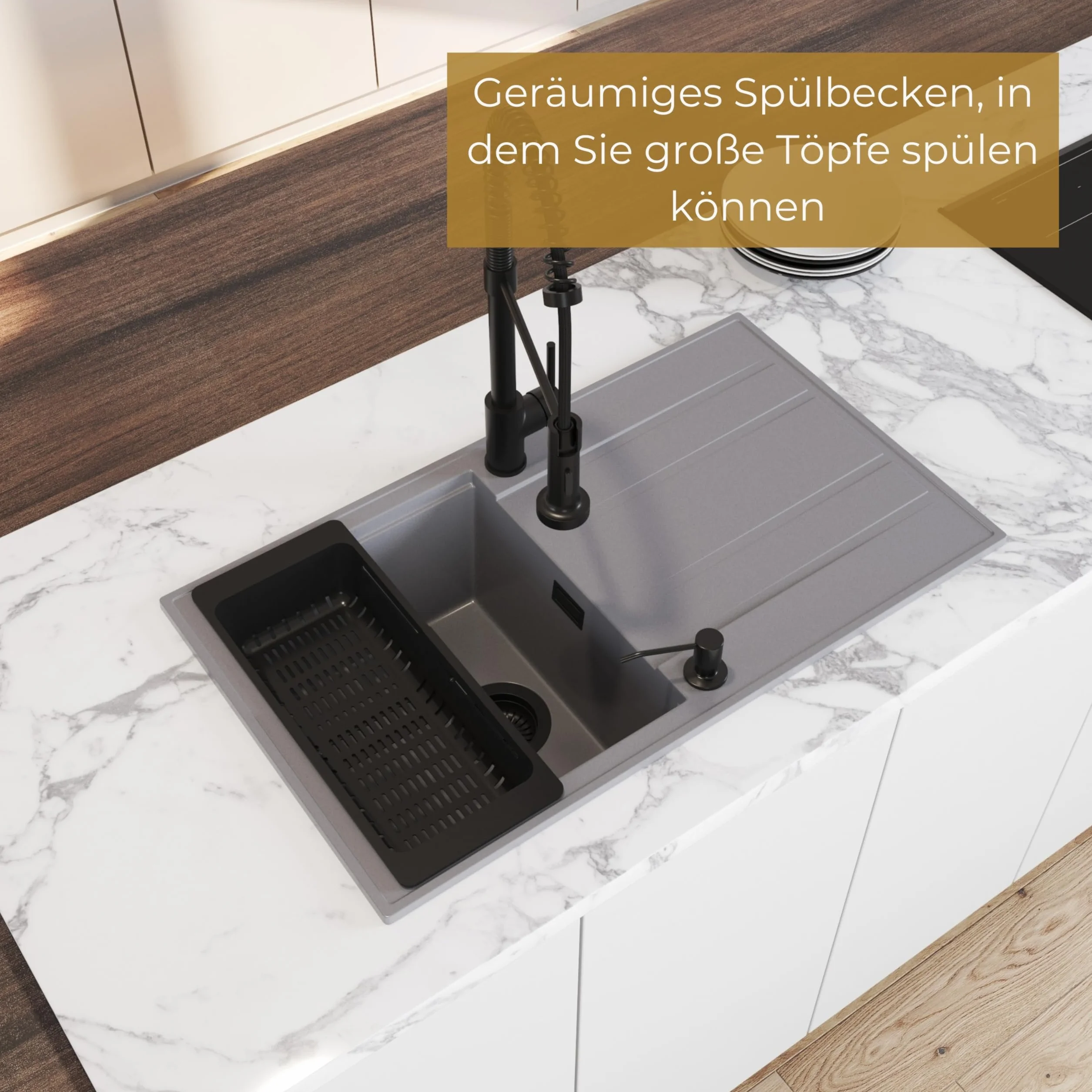 SINK Quality zlewozmywak kuchenny z ociekaczem – zlewozmywak szary 80 x 46 cm – w zestawie syfon i środki impregnujące – zlewozmywak do zabudowy do szafki pod umywalkę 55 – zlewozmywak granitowy szary