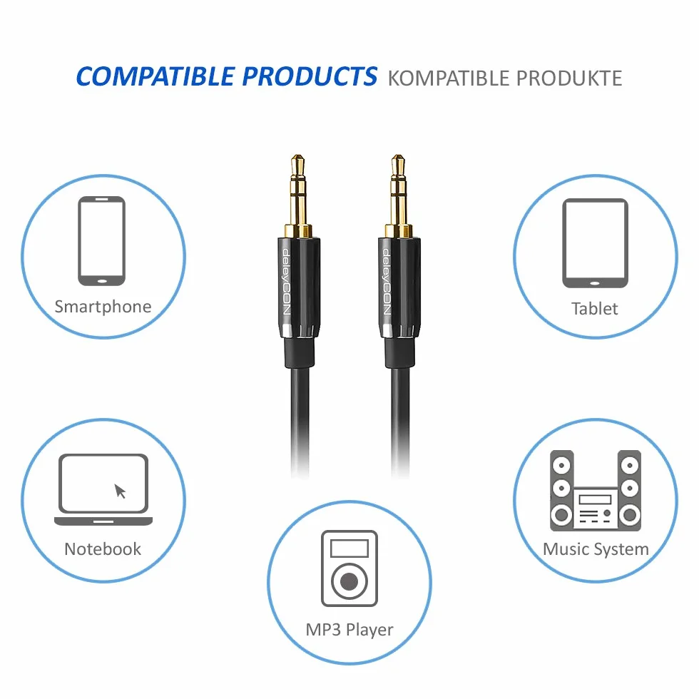deleyCON 1m Kabel Jack 3,5 mm AUX Kabel Audio Stereo Wtyk Jack Prosty do PC Laptopa Telefonu Smartfona Tabletu Samochodu Amplitunera HiFi - Czarny